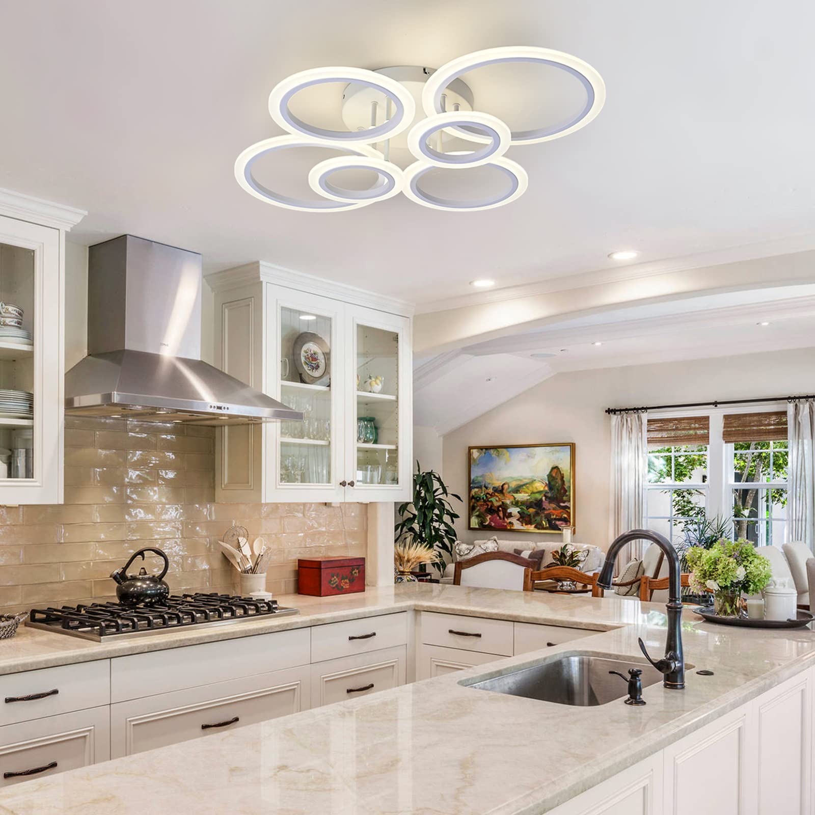 Teminbu Modern Led Ceiling Light, White 6 Rings Flush Mount Ceiling Light, 4000K Lighting Fixture Ceiling Lamp For Kitchen, Bedroom, Living Room, Laundry Room