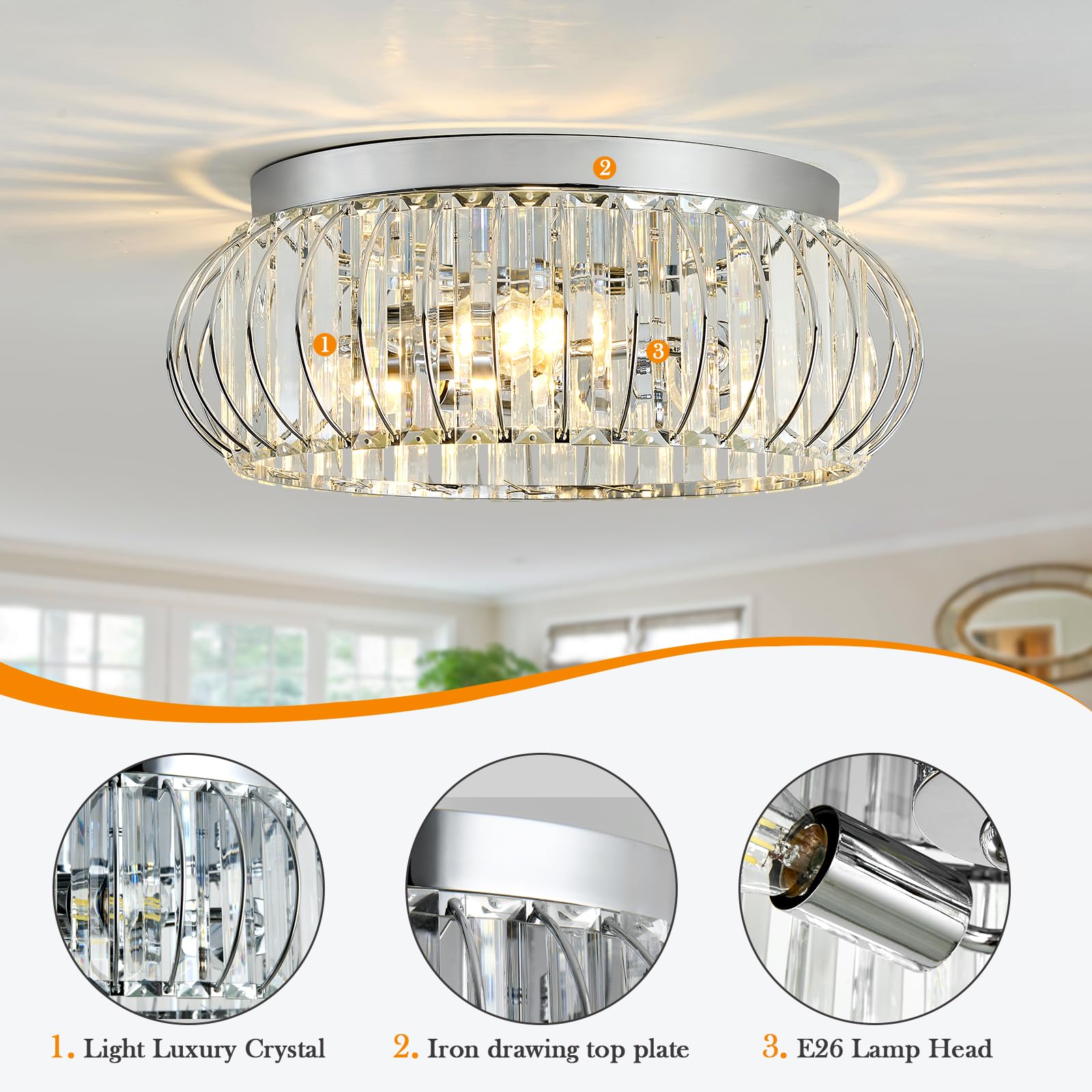 Yyjlx 3 Light Flush Mount Ceiling Light Fixtures Modern Crystal Chandelier Chrome Chandelier For Hallway Bedroom Bathroom Foyer