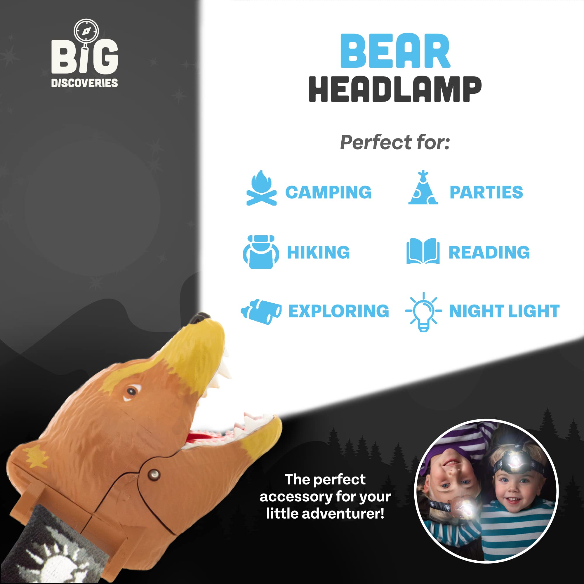 Sun Company Big Discoveries Bear Led Headlamp For Kids - Fun Animal Toy Flashlight For Outdoor Use
