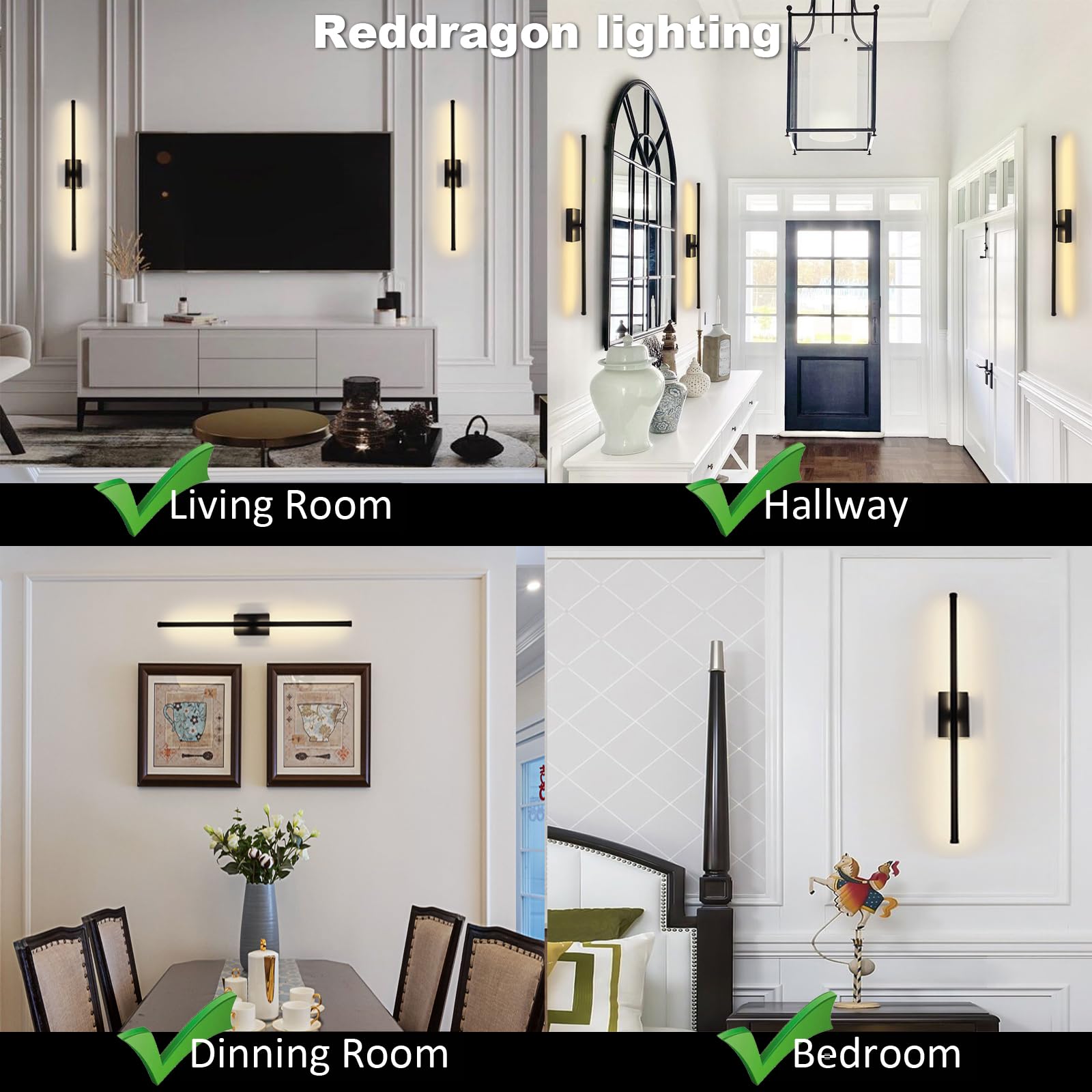 Reddragon Lighting Dimmable Black Tube Wall Sconce Set of 2, 24 Inch Iron Vanity Light for Bathroom, Living Room, Bedroom