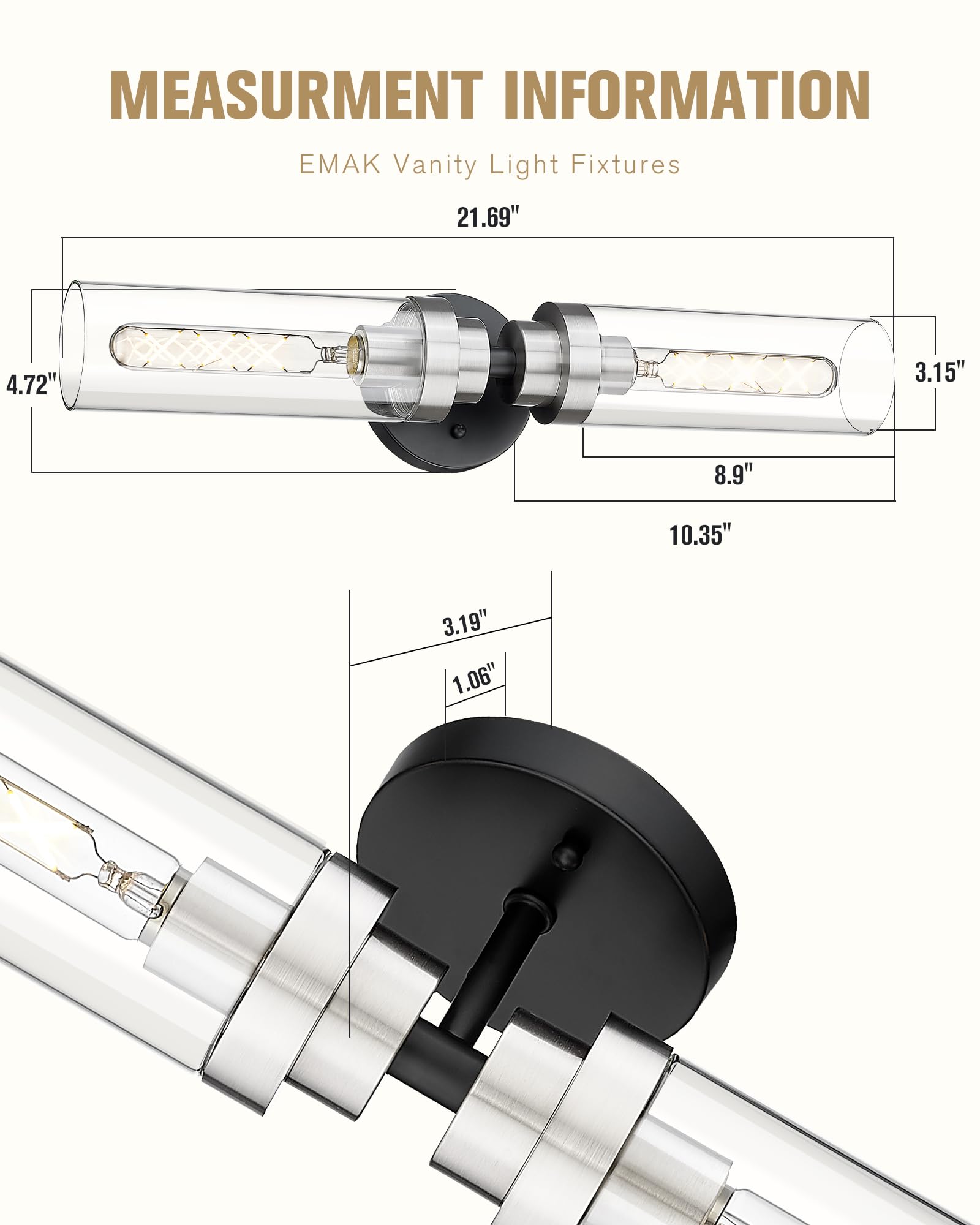 Emak 22 Inch Black And Brushed Nickel Vanity Lights For Mirror, Modern Bathroom Light Fixtures With Clear Glass Shade, 2-Light W