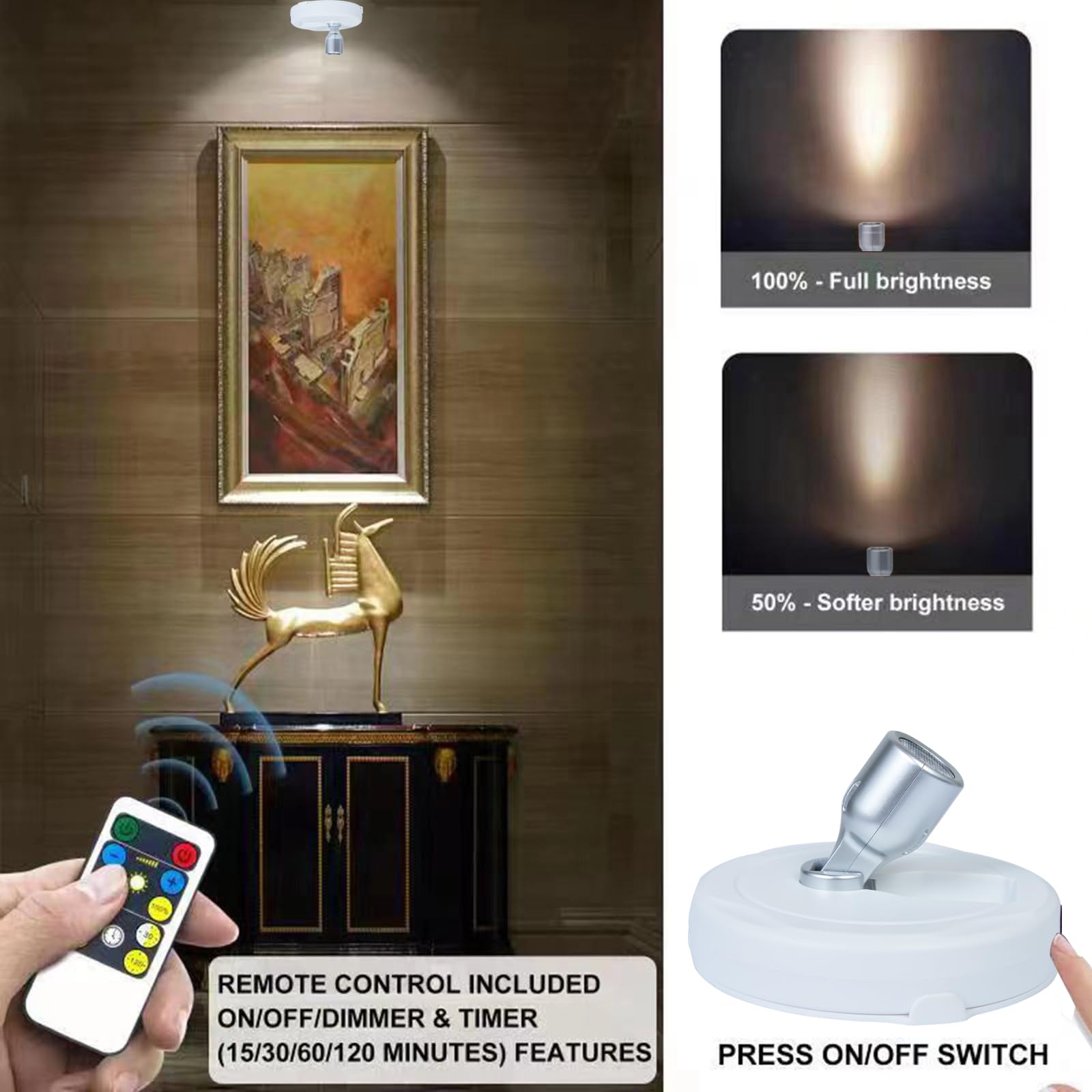 Hamvidne Wireless Led Spotlight, Battery Operated Picture Lights, Uplighting Indoor, Puck Lights With 2 Remote, Dimmable Up Ligh