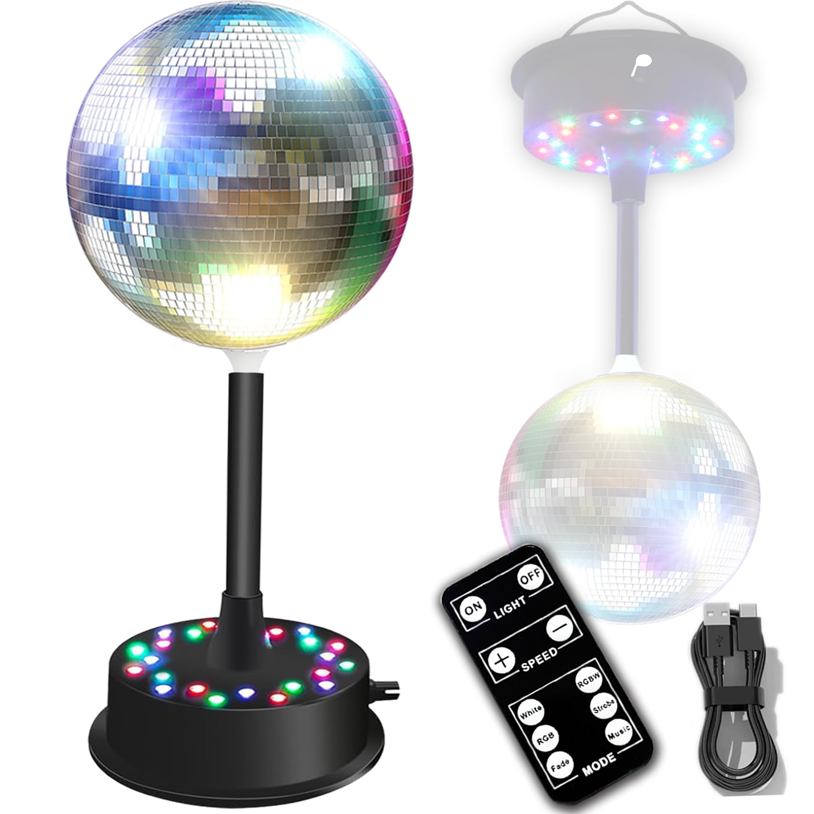 Mirrors Ball Light with Remote, 23 RGBW LED Adjustable Rotating Motor 5-10 RPM with 6-Inch Silver Mirror Ball with Multi Light M