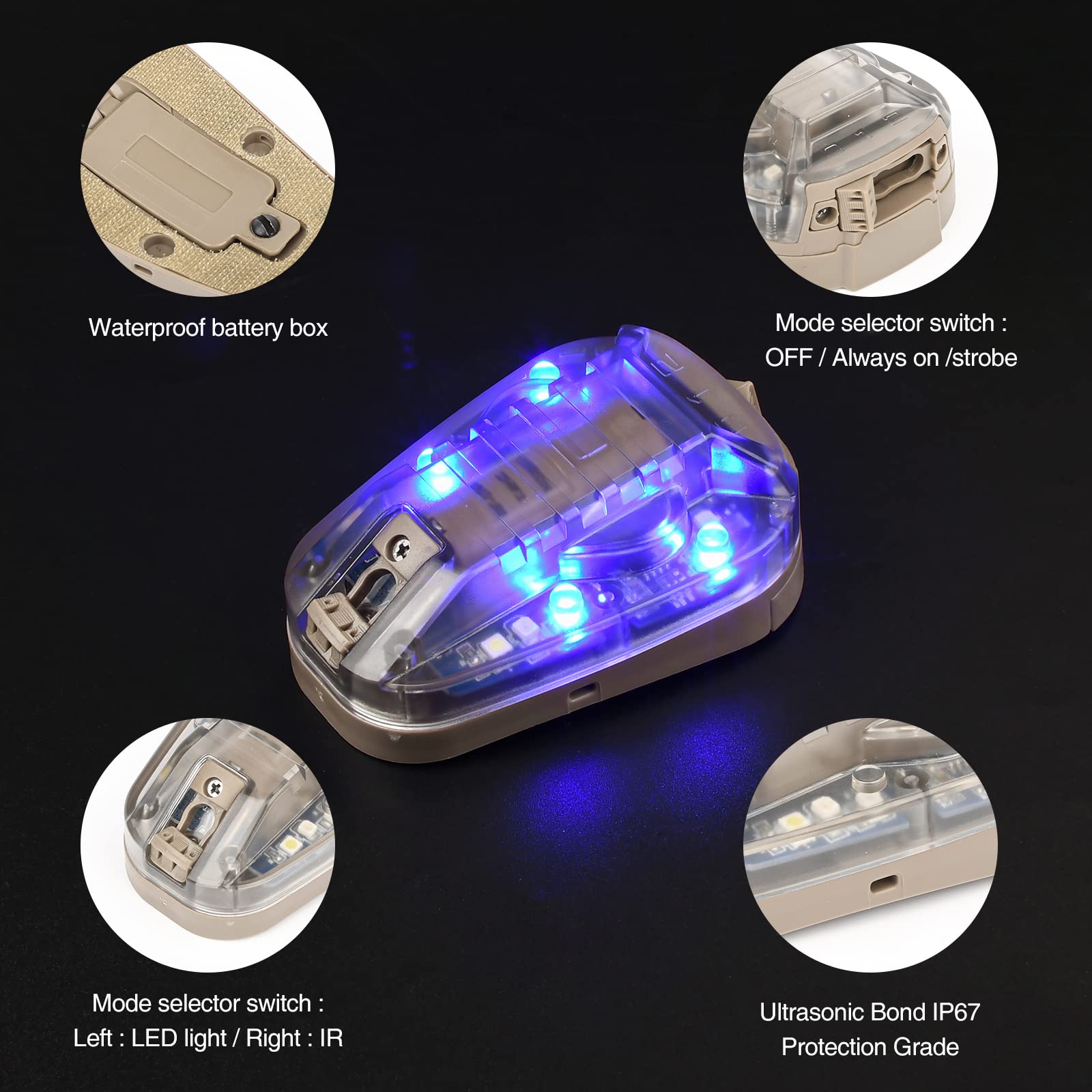 NOBUHIRO Tactical Helmet Signal Light - 4 Modes, Waterproof LED + IR, Ladybird Survival Lamp, Color DE-BL