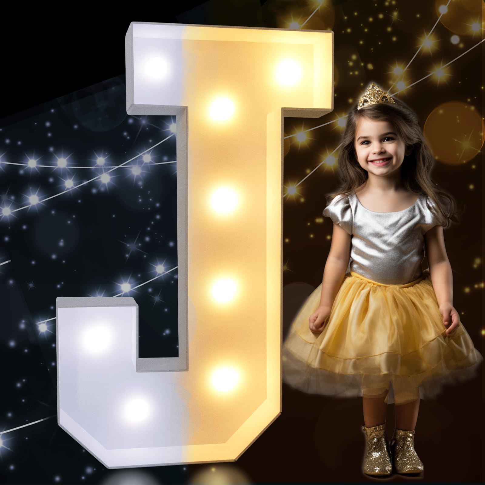 Pooqla Marquee Light Up Letter J, 3FT Cool White & Warm White LED, Plastic Giant Sign for Birthday, Wedding Party Decoration