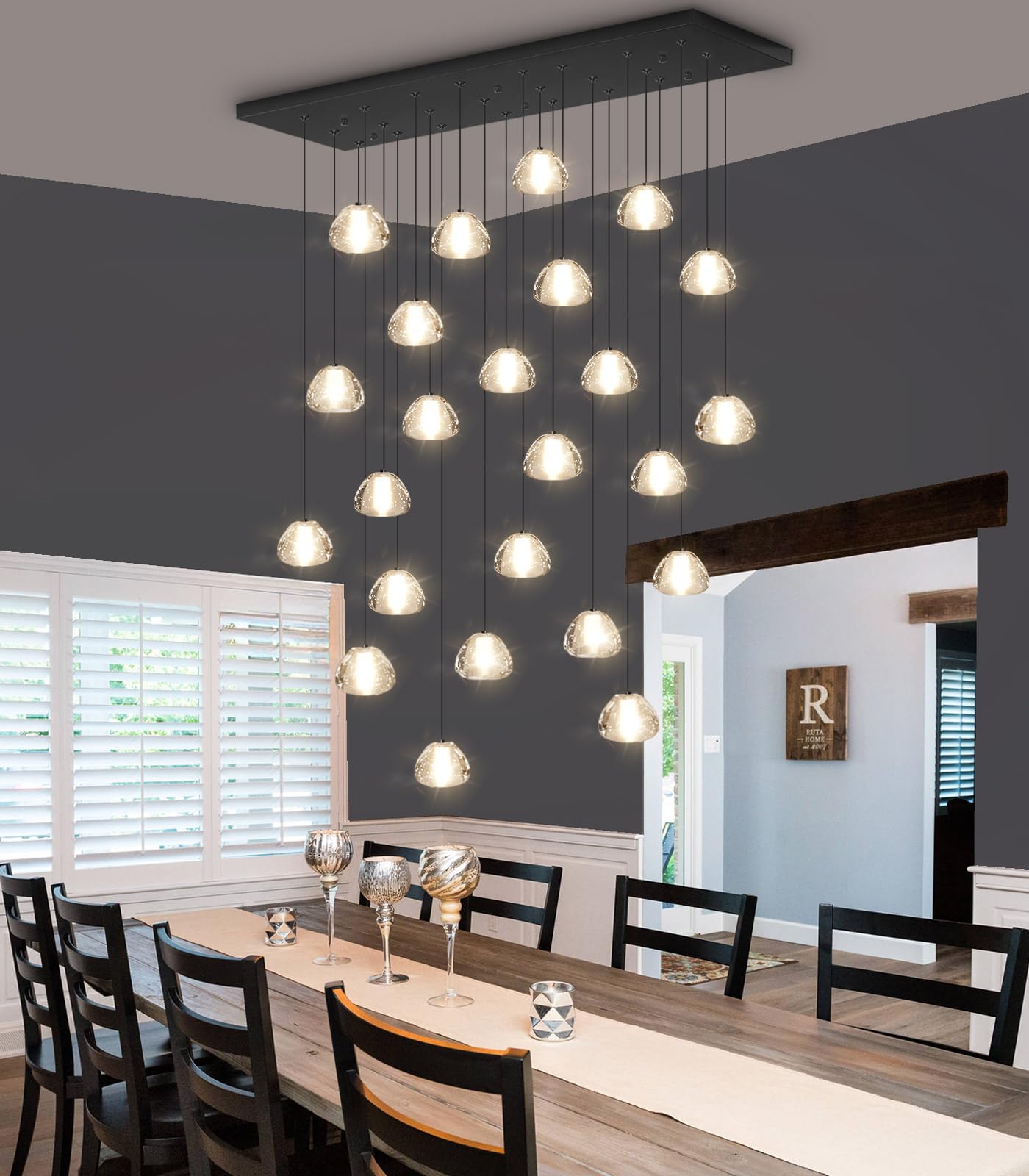 dolria 24-Lights Rectangular Crystal Chandelier Pendant Light - Black Metal Fixture for Living Room, Hotel, Staircase, Foyer, Bedroom - PC0010-24B-Chang