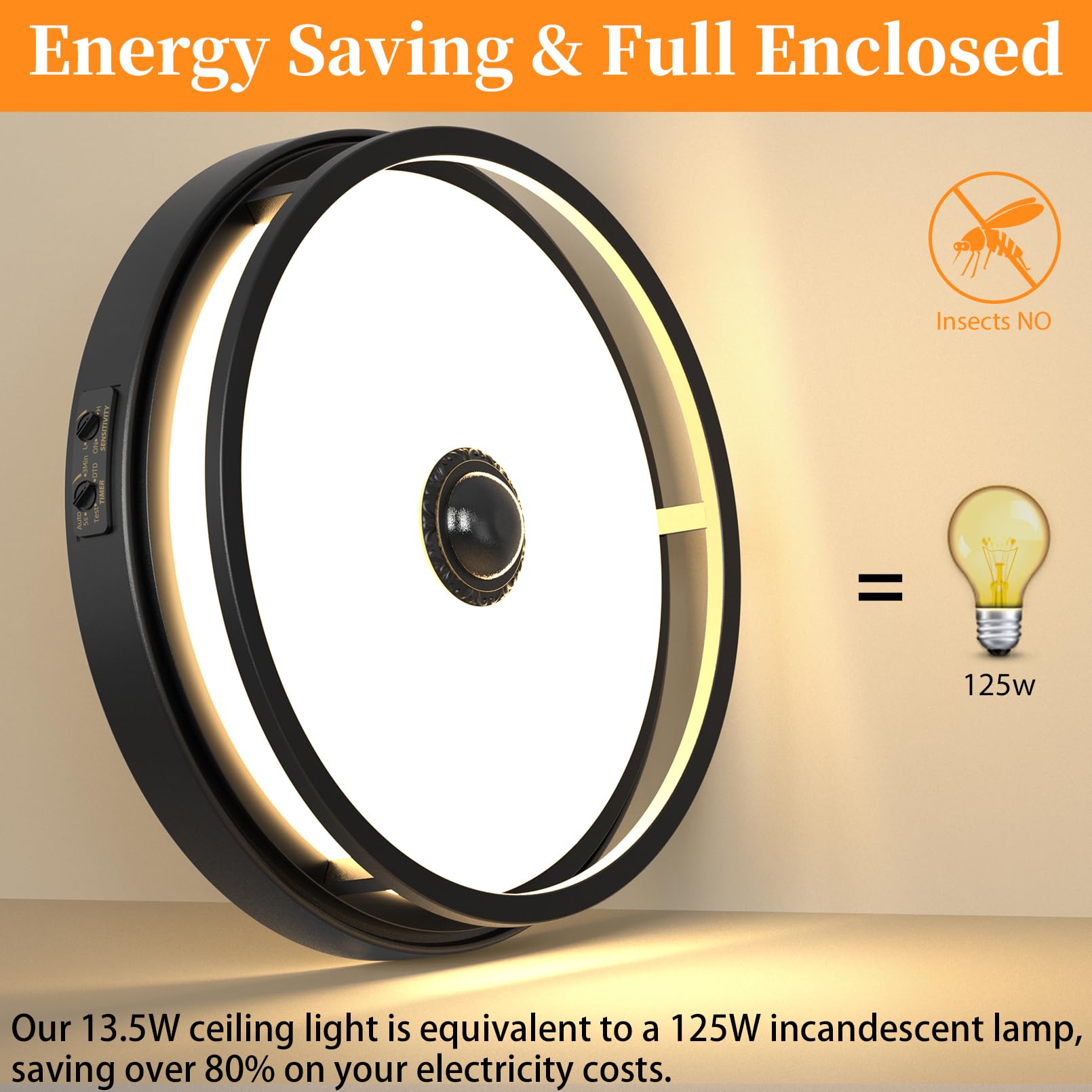 Oykyohei Motion Sensor Outdoor Ceiling Light, 12'' Flush Mount Led Dusk To Dawn Porch Lights, Black Ceiling Lamp For Entryway, G