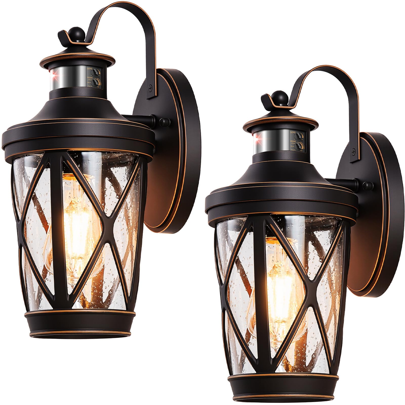 Vianis Motion Sensor Outdoor Porch Lights Wall Mount  2-Pack Modern Dusk To Dawn Exterior Lighting Fixtures  Oil Rubbed Bronze Gold Trim Wall Lanterns For Garage  Waterproof Coach Lights For House