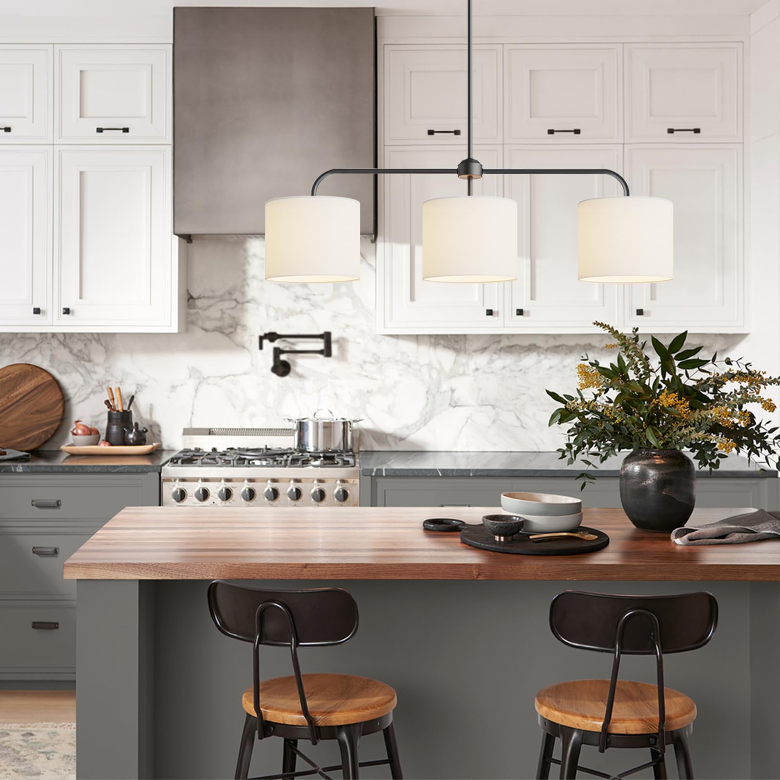 Electro Bp;40'' W 3-Light White Linen Drum Shade Chandelier With Black Metal Linear Pendant Light Fixture For Kitchen Island,Din