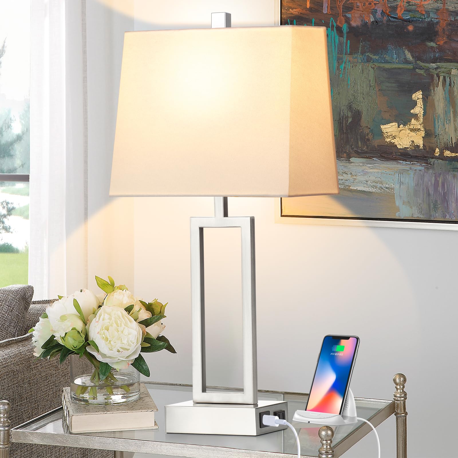 Touch Control Table Lamps For Living Room, 3-Way Dimmable Modern Table Lamp With Usb A+C Charging Ports & Ac Outlets, Bedside Co