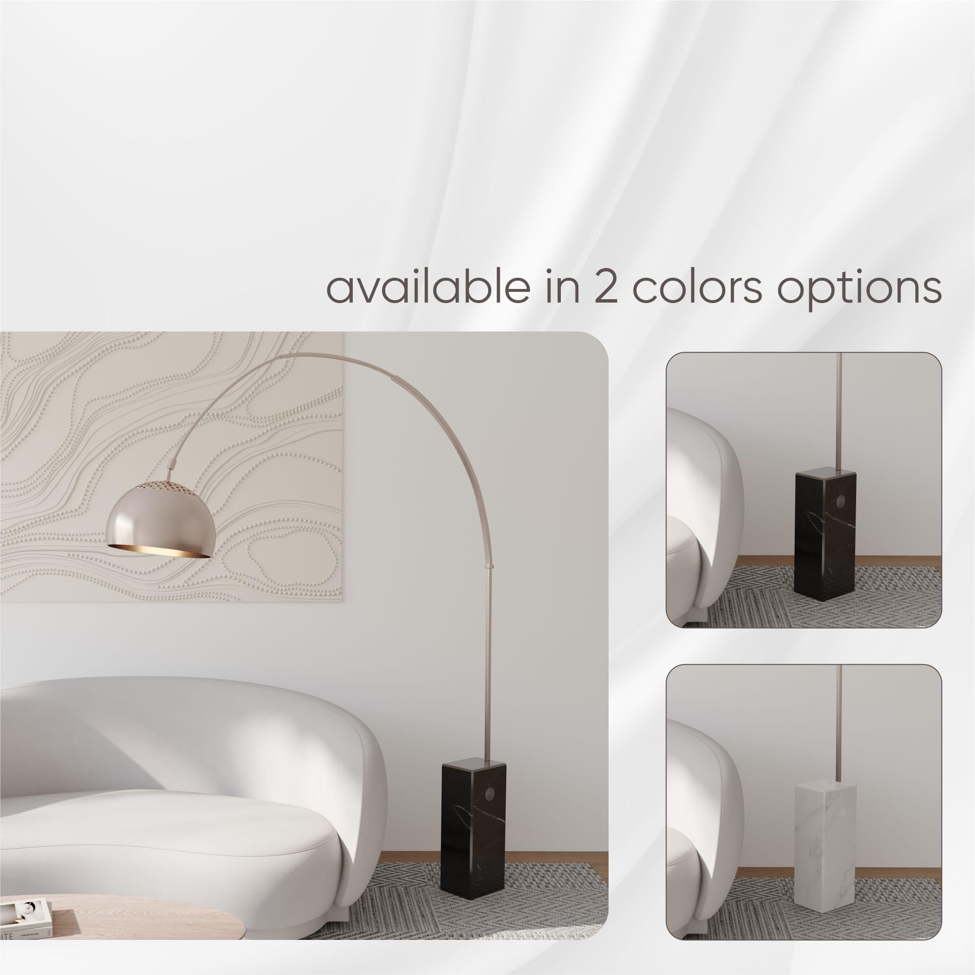 LeisureMod Floor Lamp - Italian Marble Base, Brushed Stainless Steel, 96"H, Black, Model AL22W, Ideal for Modern Home & Office
