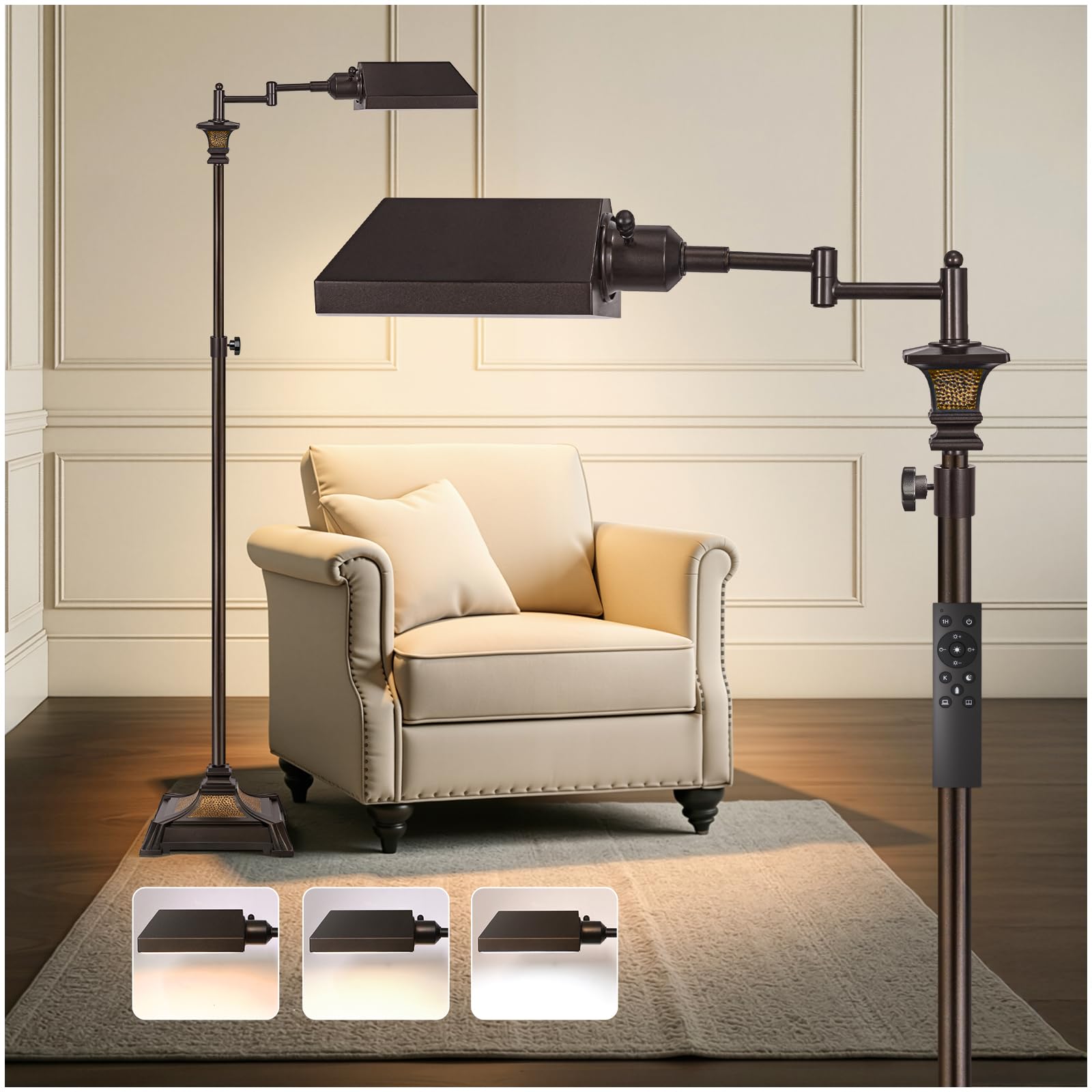 Scenekoy Adjustable Height Smart LED Floor Lamp for Living Room Bedroom, Remote Control Traditional 350 Swing Arm Standing Lamp 