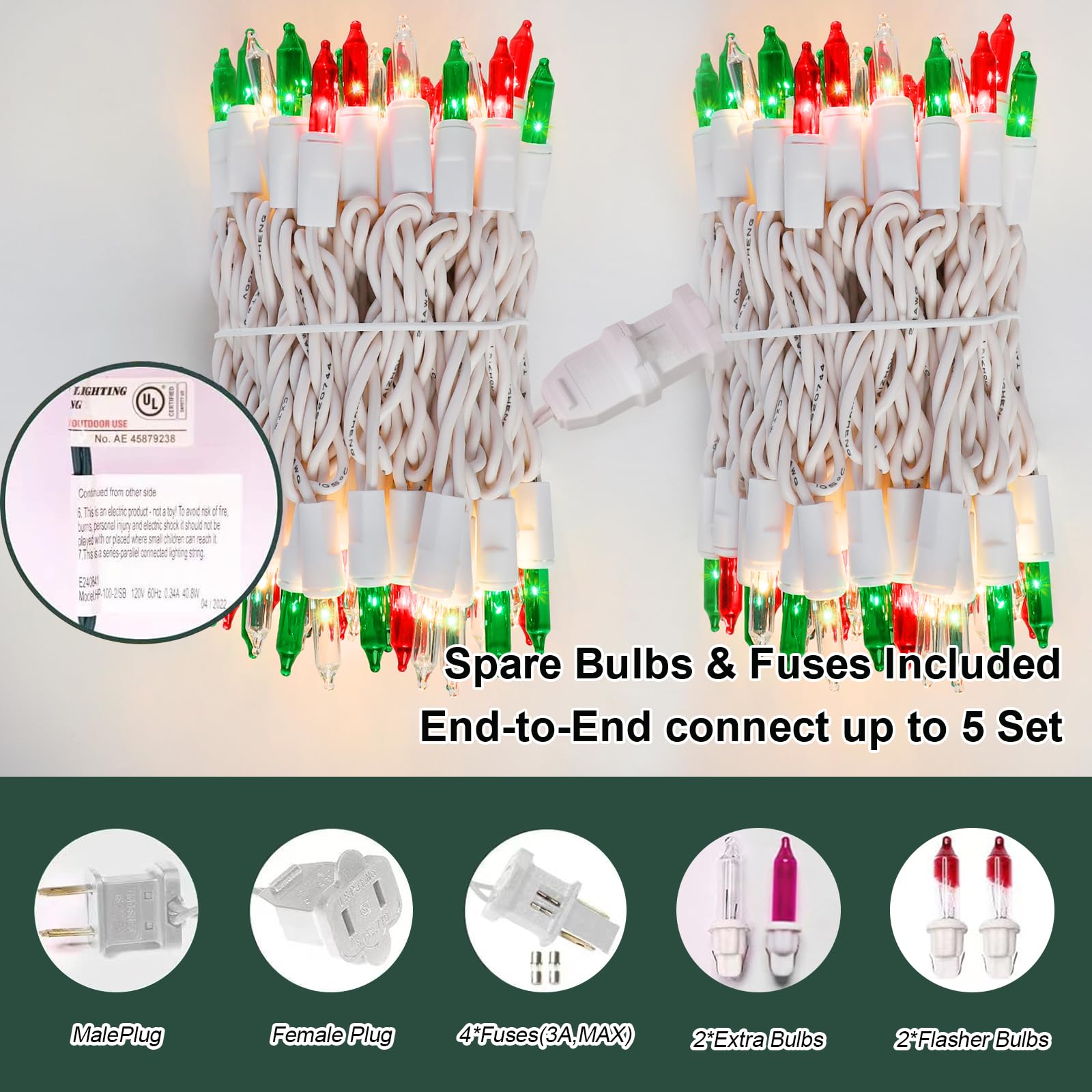 LAMPHOME Christmas Lights - 100 Mini Bulbs, 19.6ft, UL Certified, Red Green Clear, Extendable String Lights for Outdoor Decor