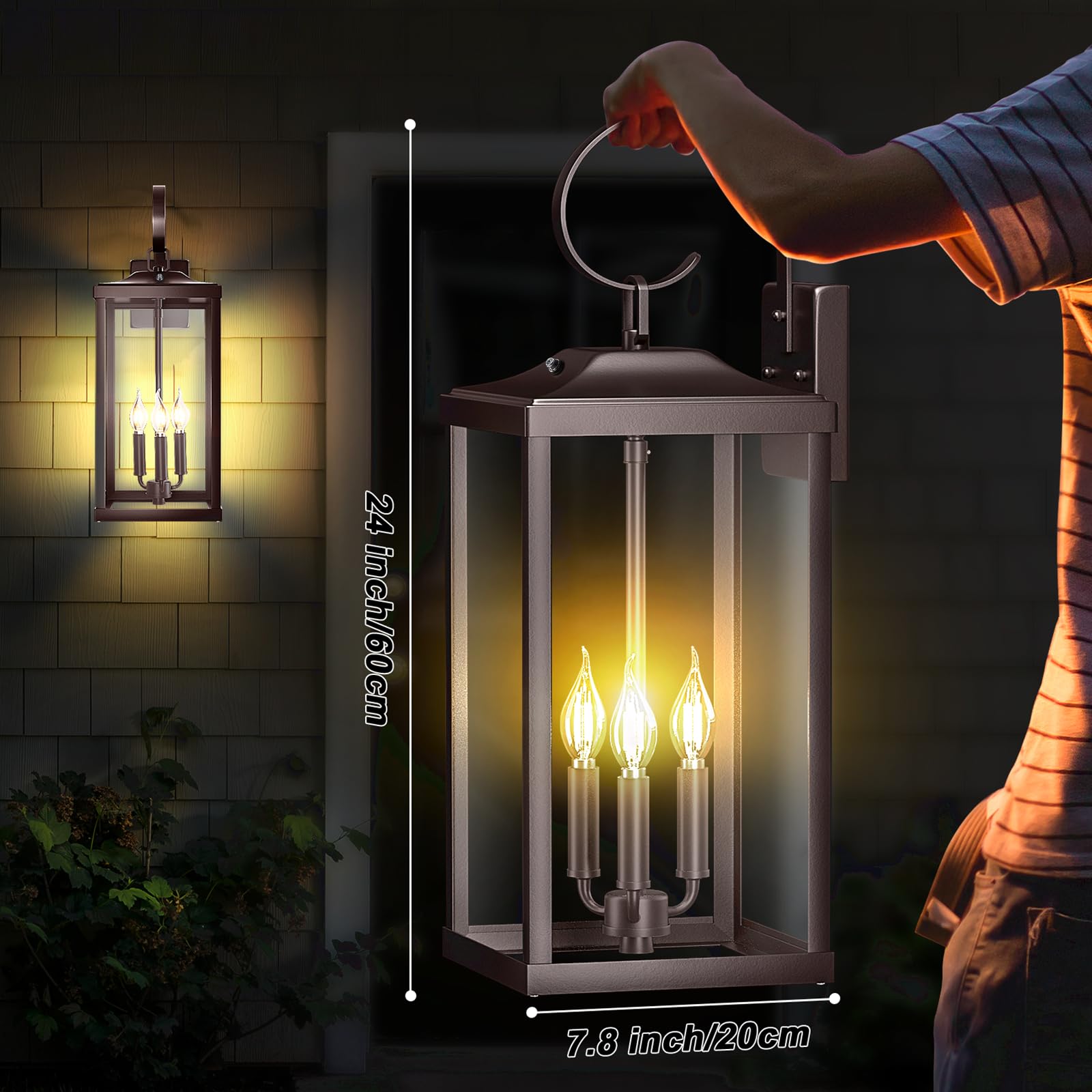 Yolsunes 2-Pack 24" Extra Large Outdoor Porch Lantern, Waterproof Oil Rubbed Bronze Wall Sconce, Metal Dusk to Dawn Light Fixture