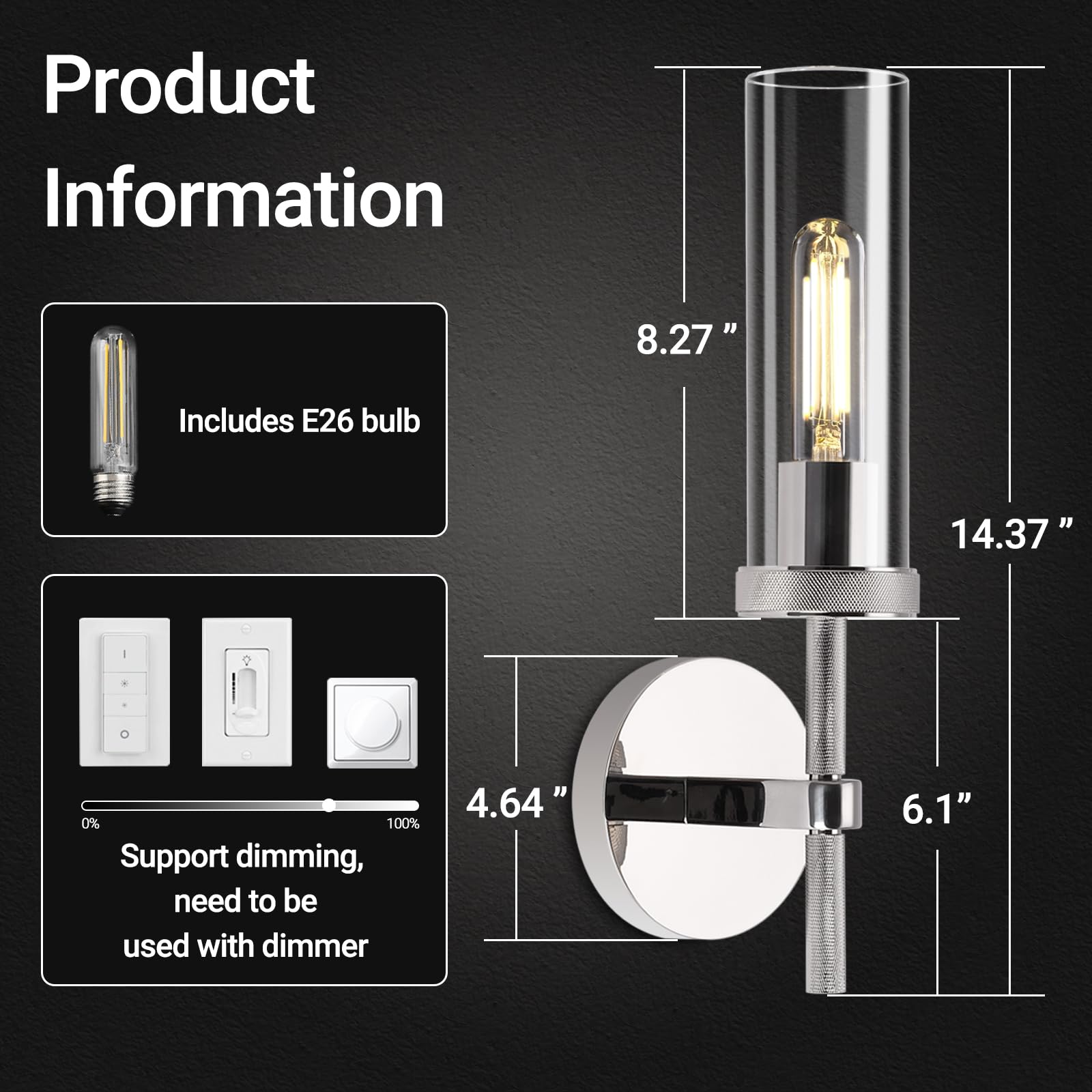 Chrome Knurled Wall Sconces Set Of Two, 14'' Sconces Wall Lighting Indoors, Bathroom Vanity Light Wall Sconces, Wall Lights For