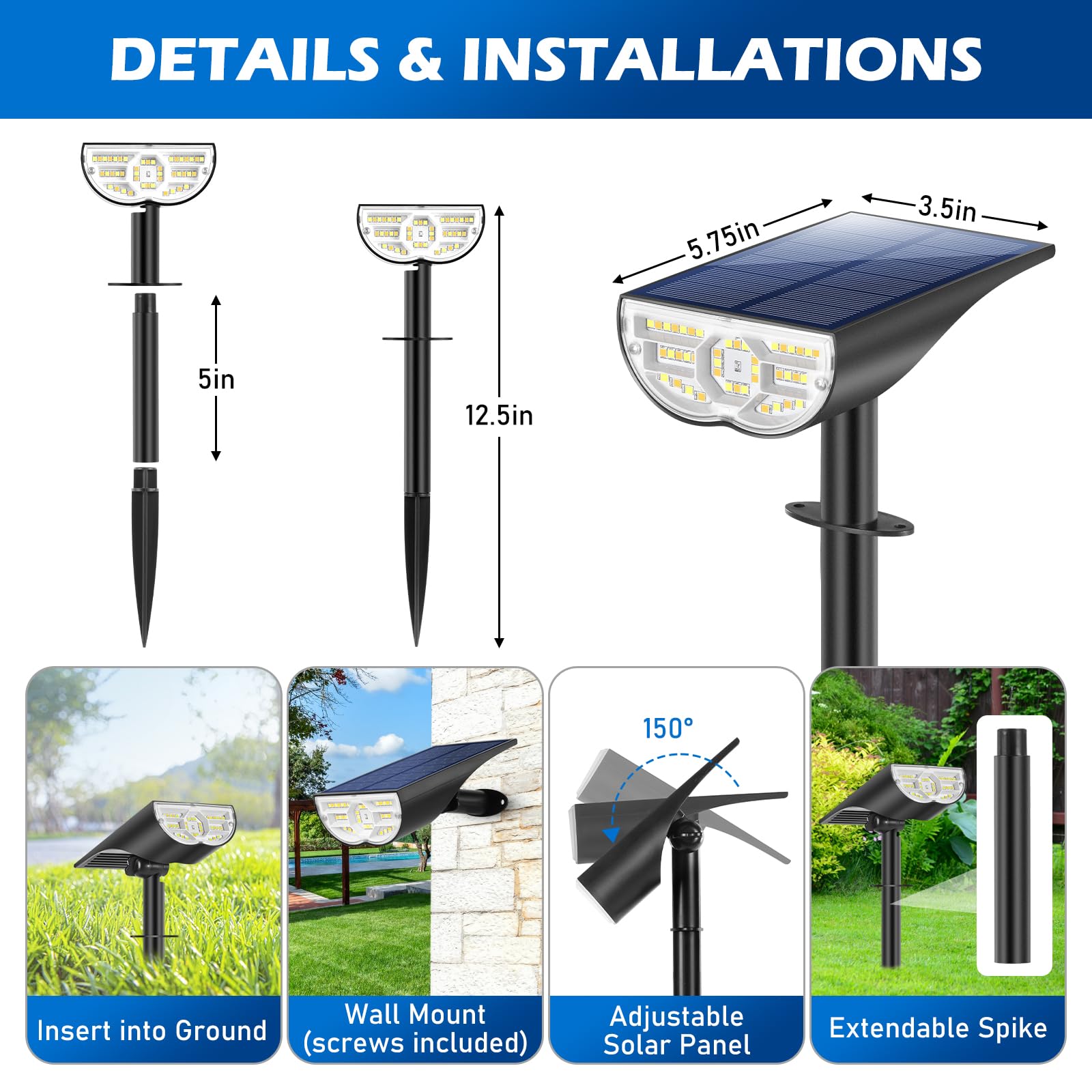 Solar Lights Outdoor, 5 Working Modes Solar Powered Spotlights For Yard, Waterproof Outside Solar Landscape Lights With 3 Color
