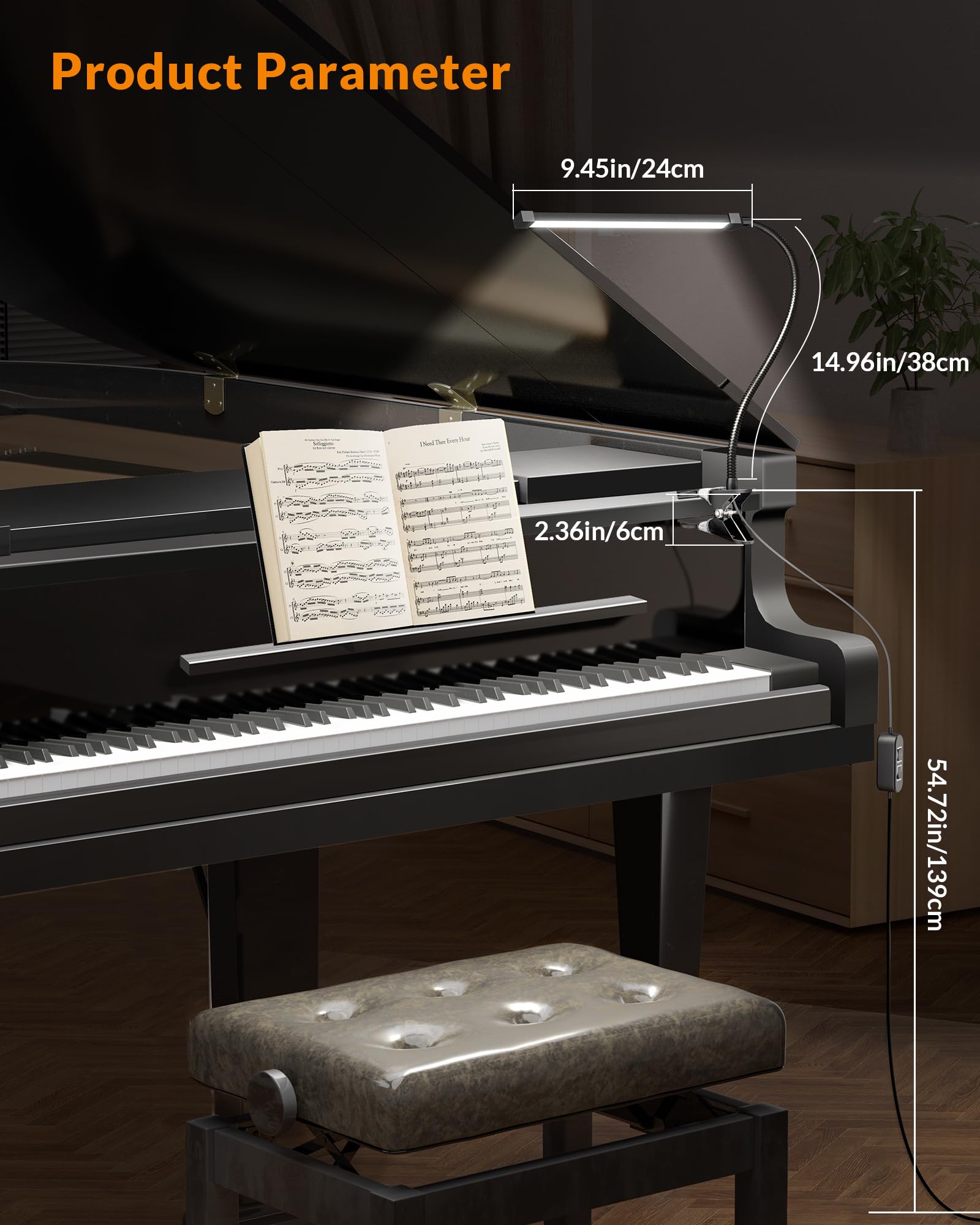 LEPOWER 5W Clip-On LED Light, Adjustable Color Temp, Gooseneck, Black, Model 90801-05, Ideal for Reading and Piano Use