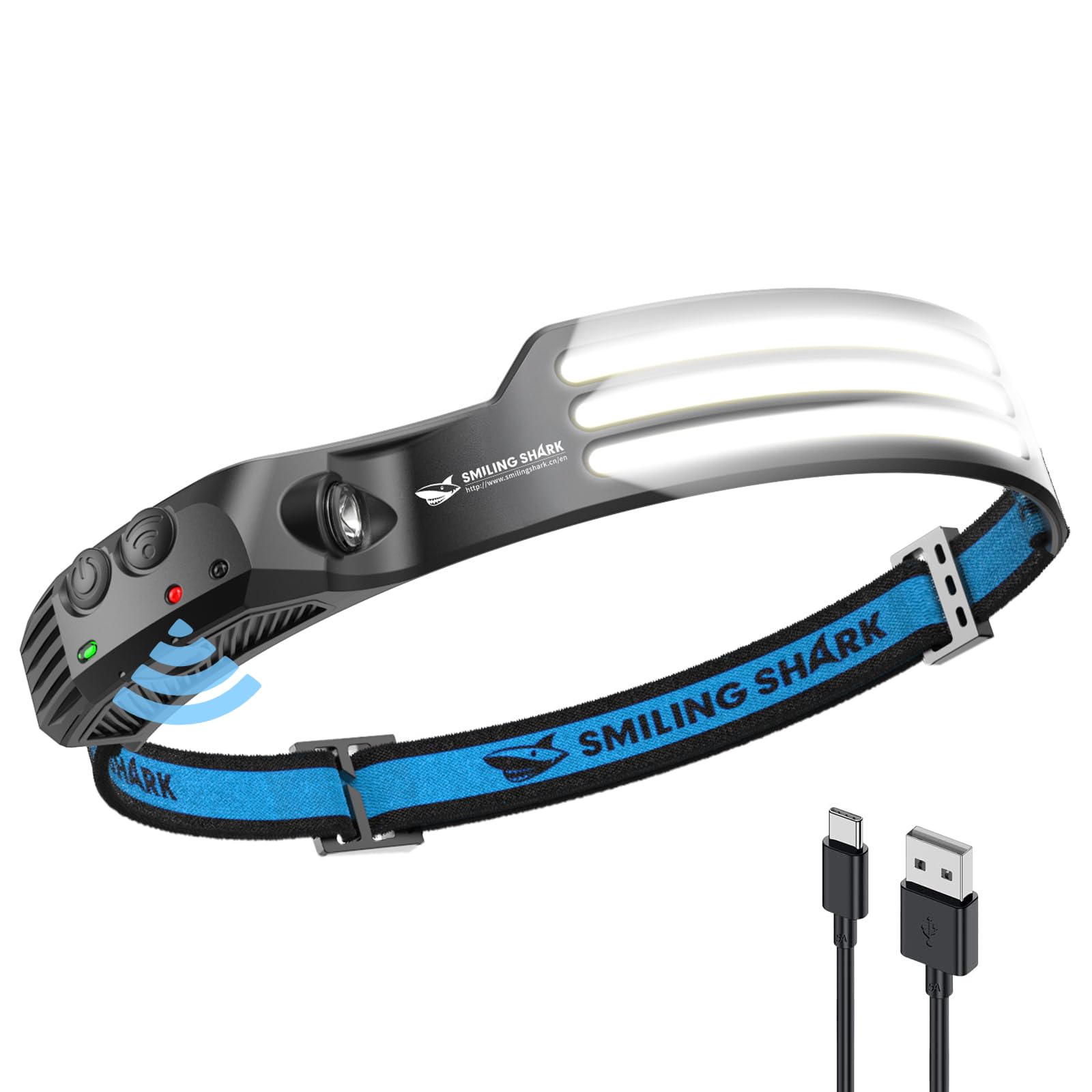 Smiling Shark Led Headlamp, 230°Wide Angle 3*White Light Strips The Brightest Head Lamp Rechargeable With Motion Sensor Waterproof Headlight For Camping Hiking Outdoor, Head-Lamp-Led-Frontale-Light