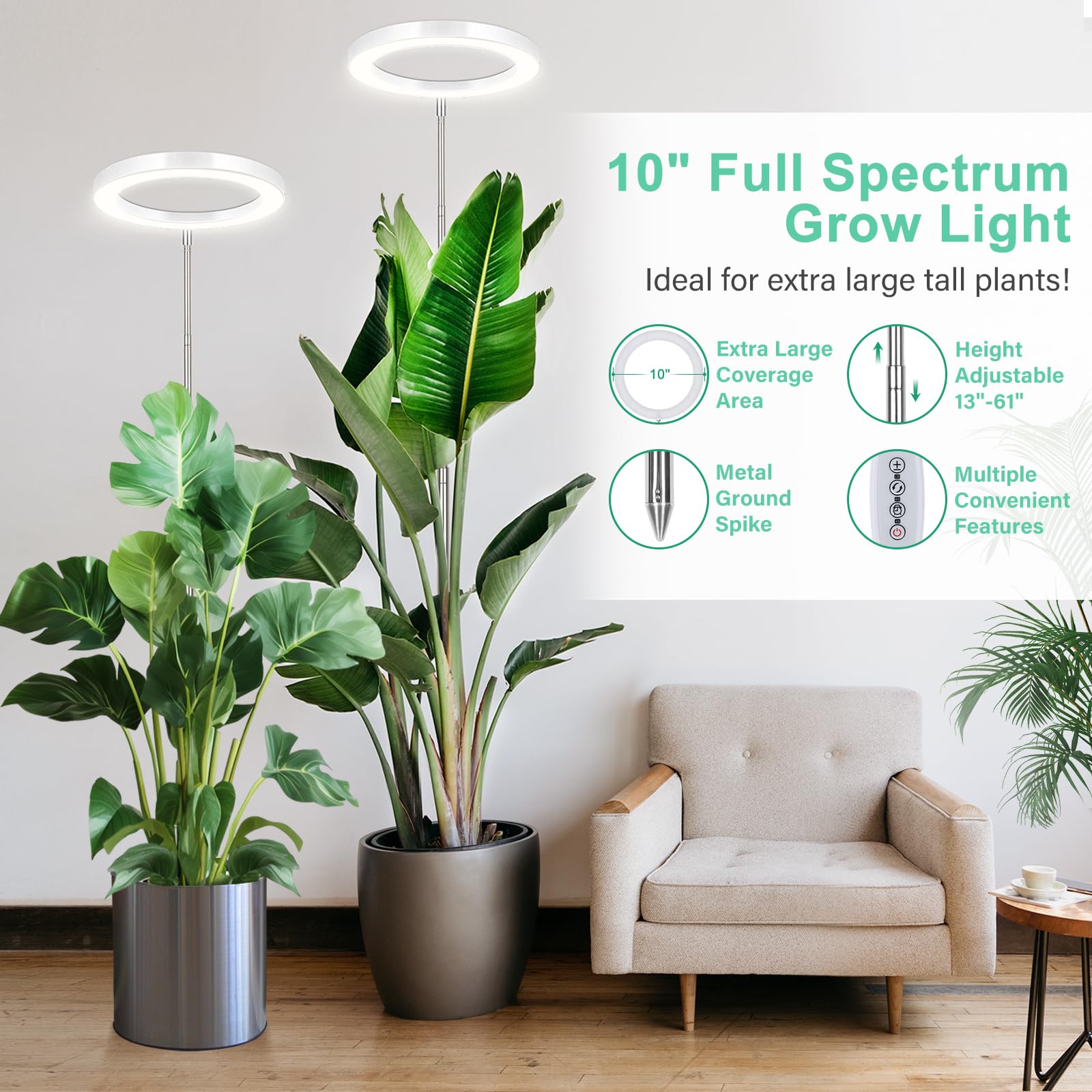 Lordem 10&quot; Grow Light For Indoor Plants, Full Spectrum Plant Lamp With160 Leds, 4H/8H/12H Timer, 10 Dimmable Levels, 3 Spectrum Modes, Height Adjustable 61&quot;, Ideal For Large Tall Plants, Pack Of 2