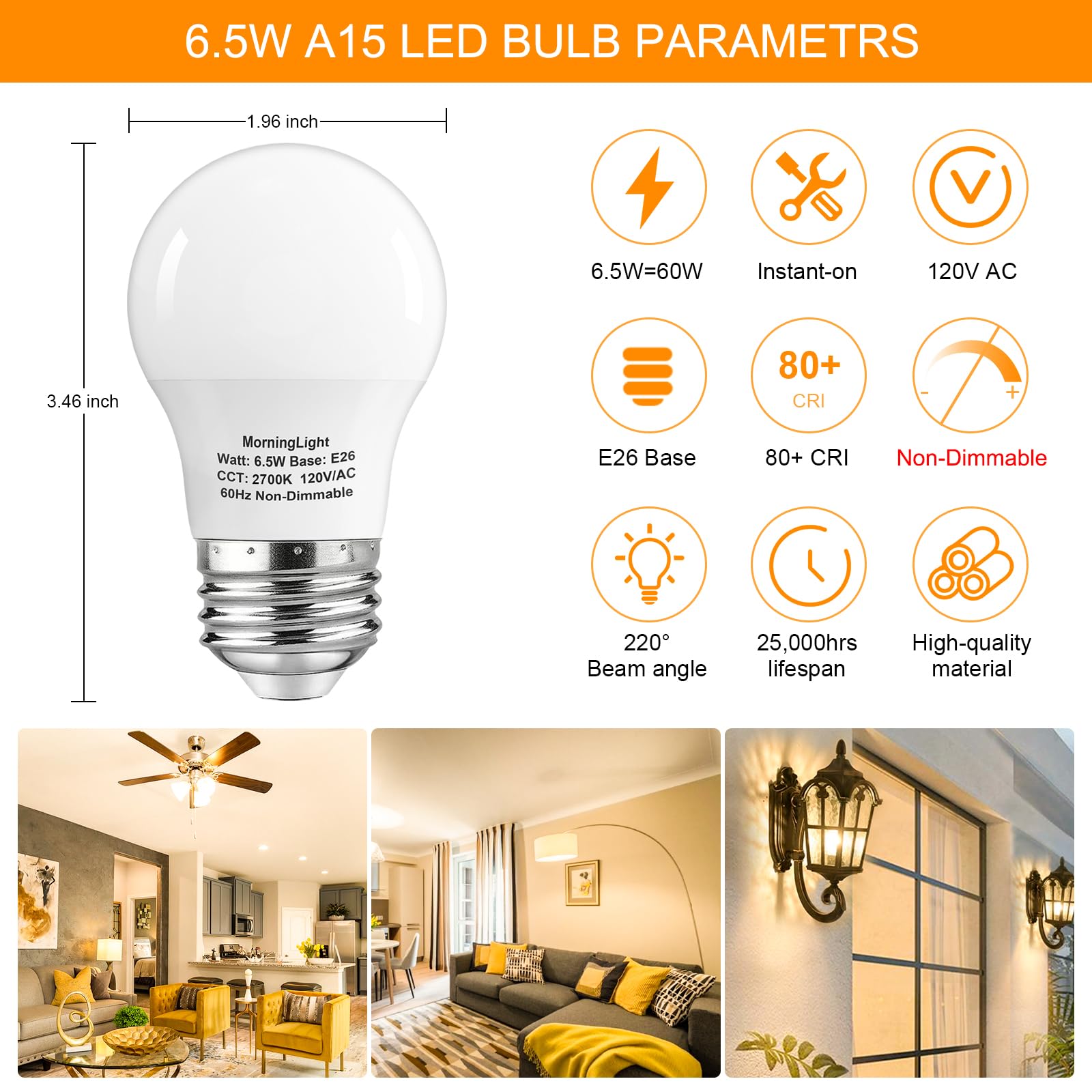 Morninglight 6 Pack A15 Led Bulbs 60 Watt Equivalent, 2700K Warm White, E26 Base, Non-Dimmable, 6.5W 600 Lumens Bulb, A15 6.5W L