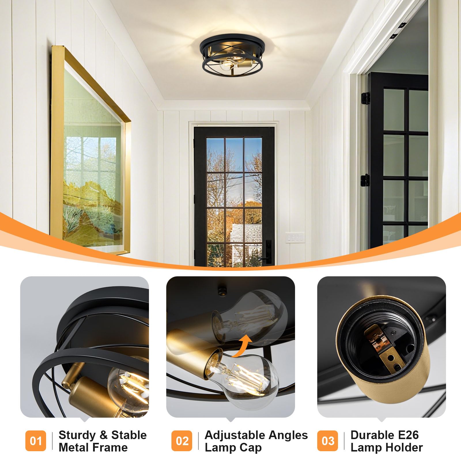 Violoemi Farmhouse Lights Black And Gold Industrial Flush Mount Ceiling Light  Ceiling Lamp Farmhouse Lighting Fixture For Hallway  Bedroom  Kitchen  Entrance  2-Light