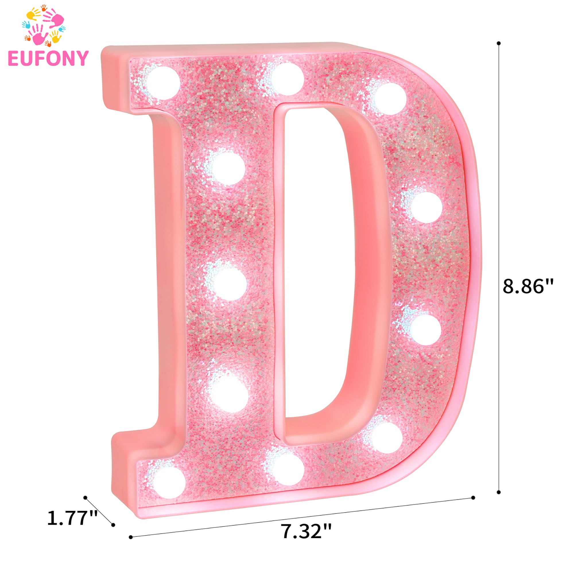 EUFONY Pink Glitter LED Marquee Light Up Letter D with Cool White Lights, Battery-Powered Alphabet Letter Sign for Girls Gift, B