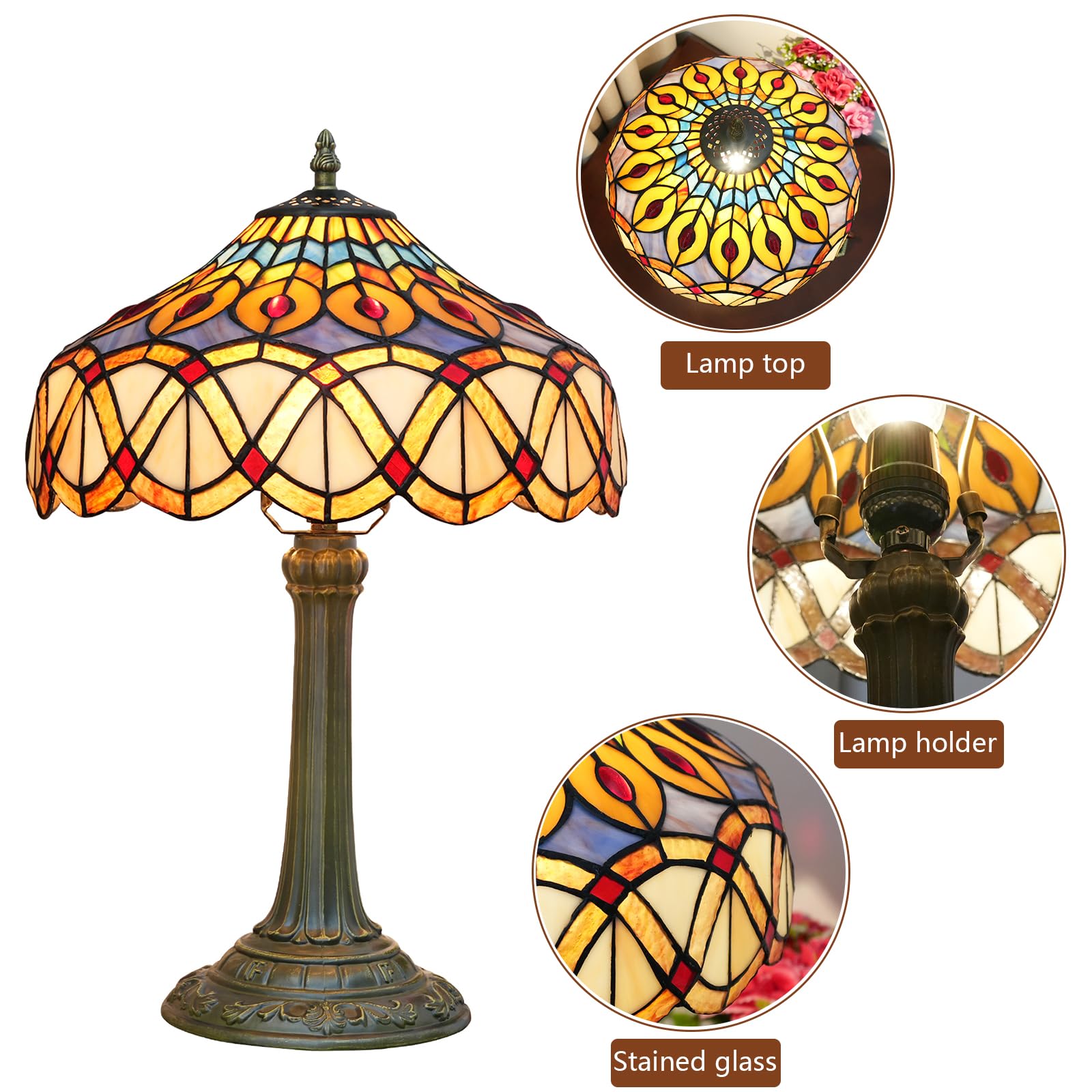 Blivuself Tiffany Lamp - Yellow Peacock Stained Glass Table Lamp, Small Vintage Handmade Design for Living Room & Office