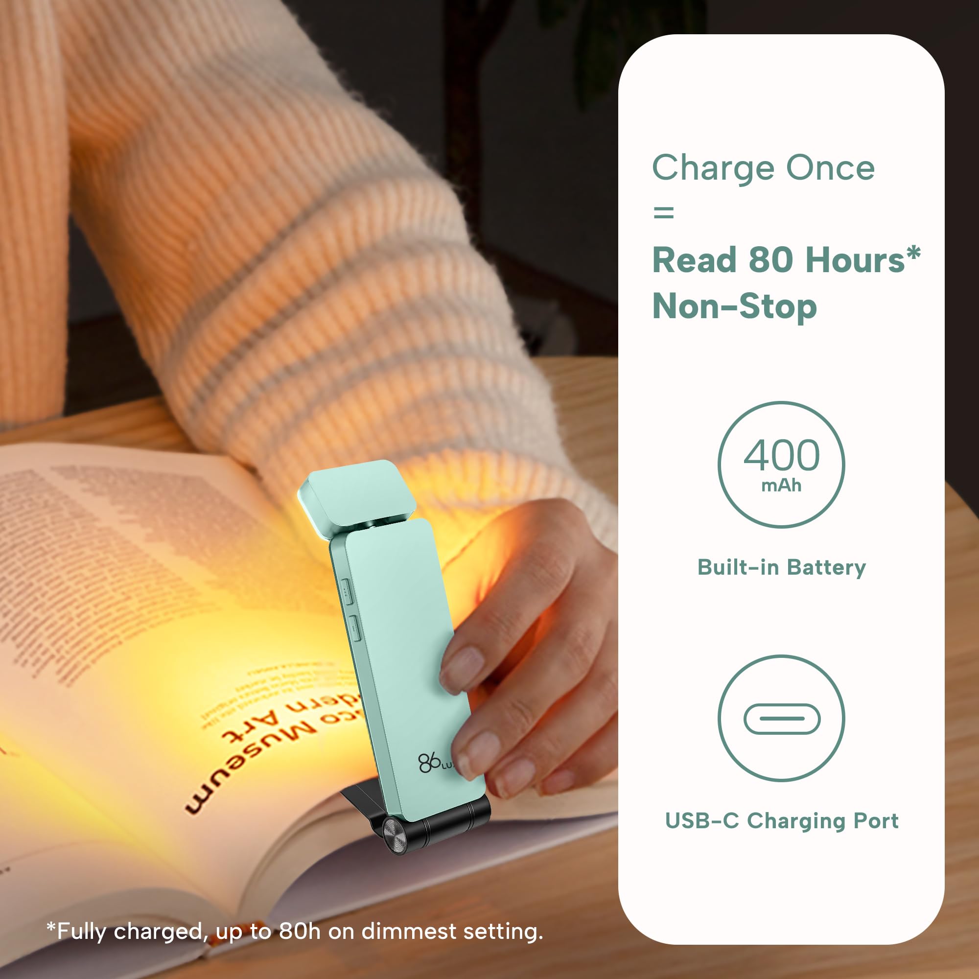 86Lux Book Light, Rechargeable Reading Lights For Books In Bed, Ultralight Clip-On Led Bookmark Lamp With 3 Amber Colors & Stepless Dimming For Night Reading For Book Lovers, Kids, Light Blue