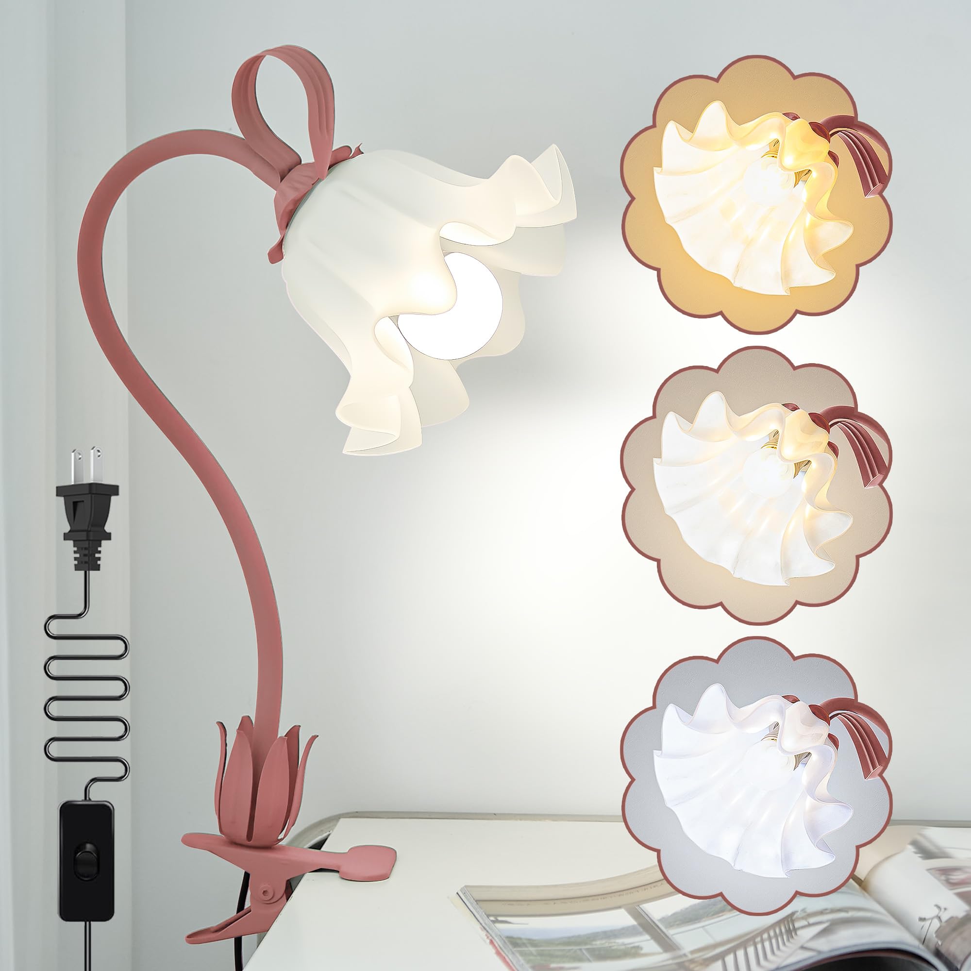 Dsyhyl Desk Lamp Flower Clip On Light,3 Color Modes Book Light Flexible Gooseneck Led Reading Light With Clamp Eye-Care Clip On 