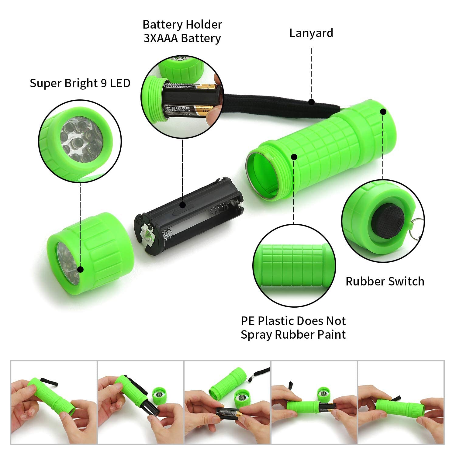 Whaply 6-Pack Small Mini Flashlight Set, 9-LED Handheld Flashlight with Lanyard,18-Pack AAA Battery Included for Kids/Night Read