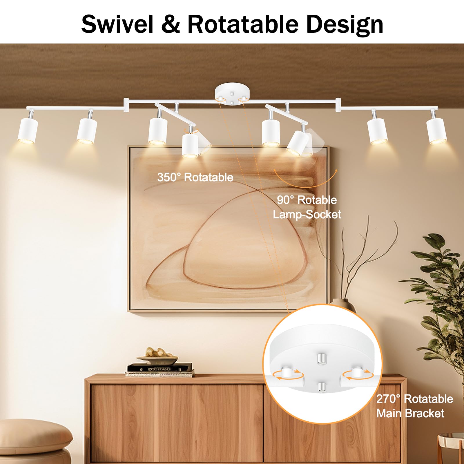 Boostarea Led 8 Light Track Lighting Kit, White 8 Way Ceiling Spot Lighting, Flexibly Rotatable Light Head For Kitchen, Living R