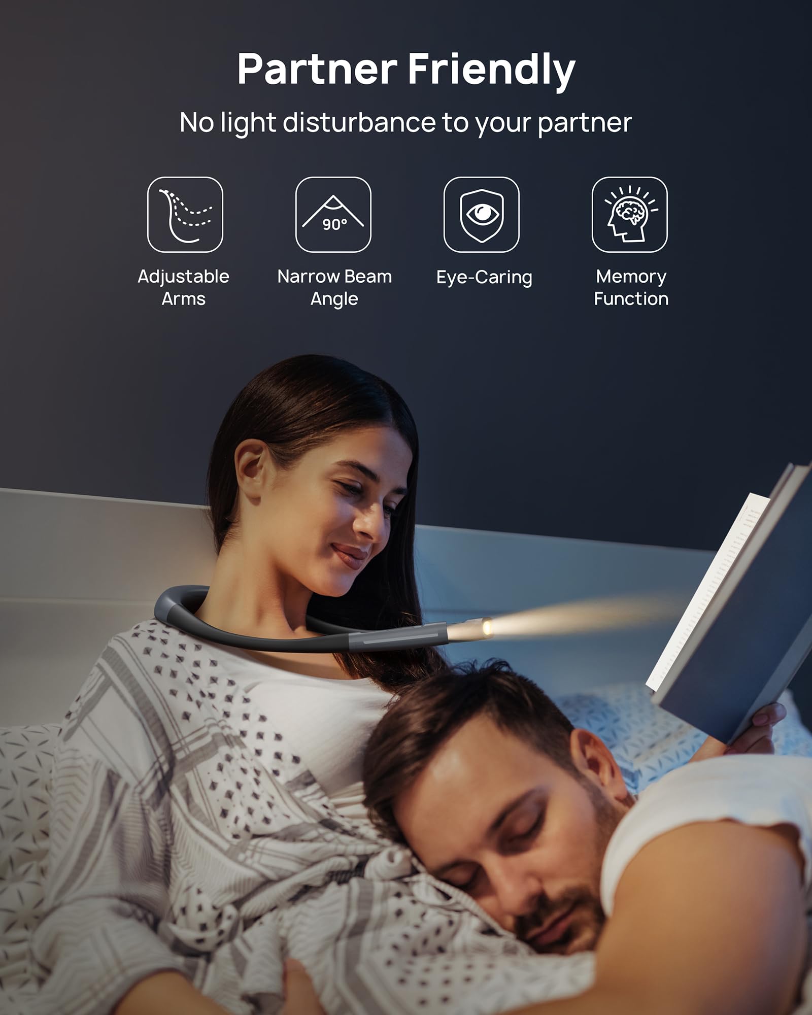 TROND LED Neck Reading Light - 3 Colors, 3 Brightness Levels, 1000mAh, Flexible Arm, Classic Black, Model TD-RL01, Eye-Caring Design