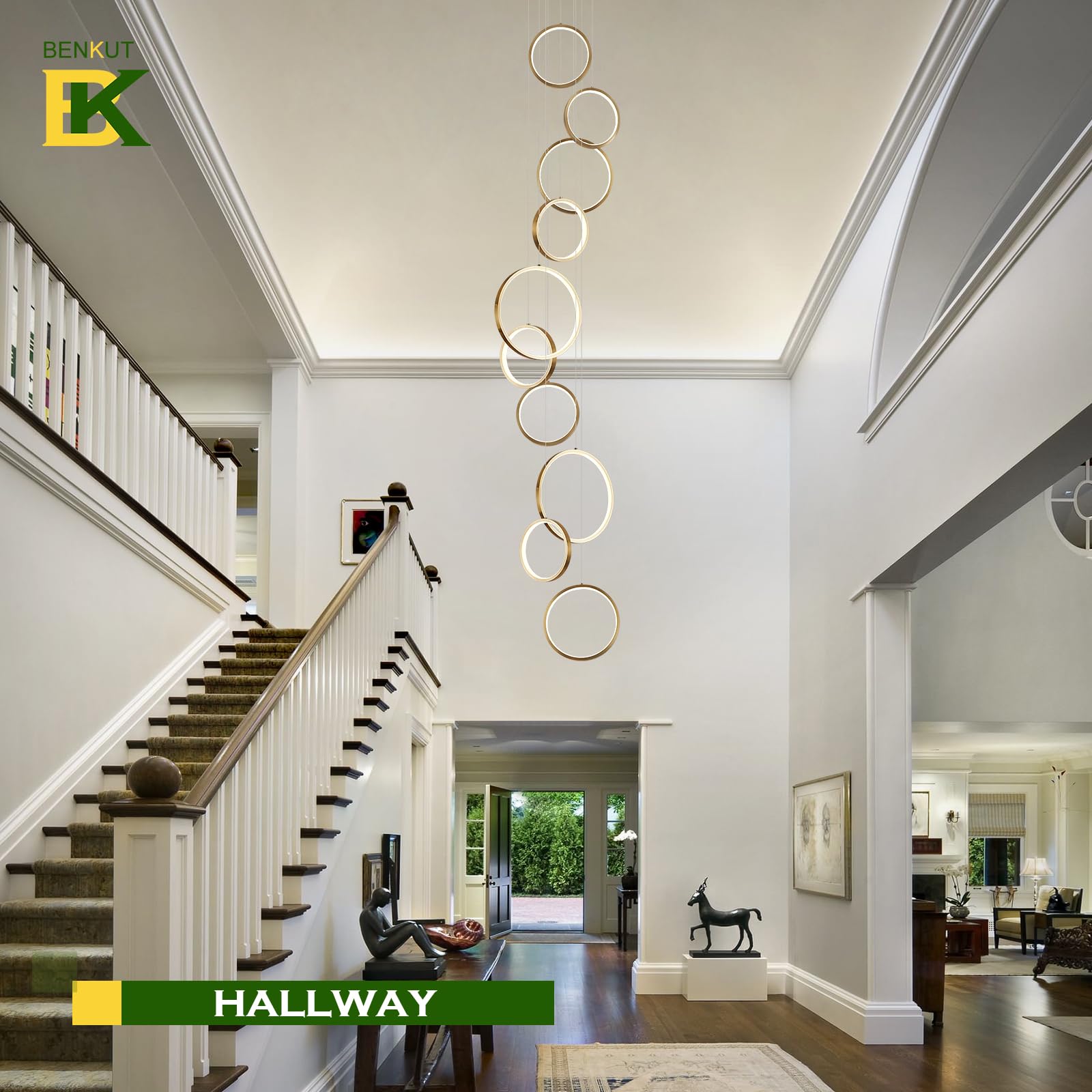 Benkut High Ceiling Chandelier 10 Ring LED Foyer Light 98.5in Gold Aluminum Model: Benkut-10RingsGold