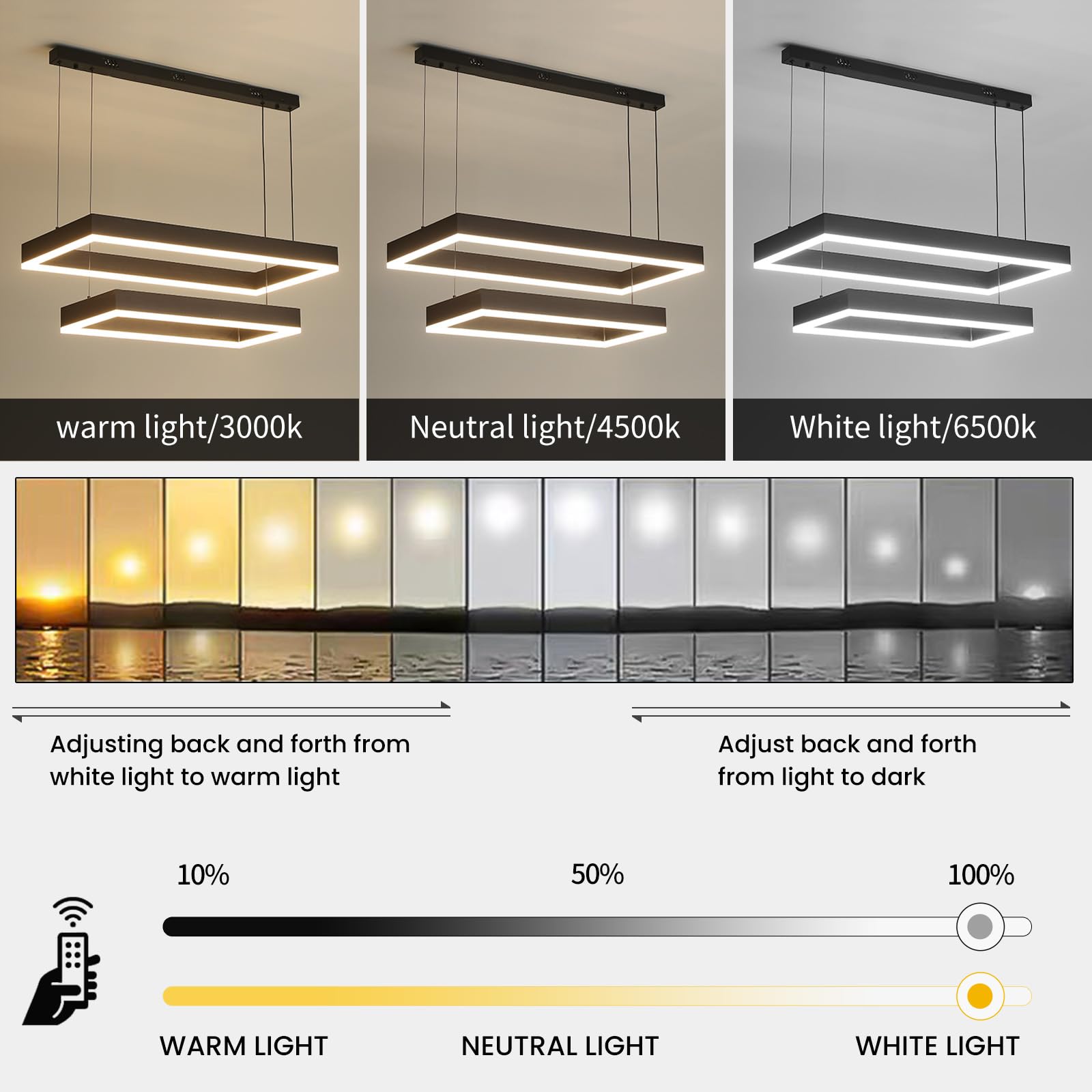 Matven Modern Pendant Lights - Dimmable LED Chandelier, 2-Ring Rectangles, Black, 15.7+23.6in for Living Room, Kitchen, Dining Room