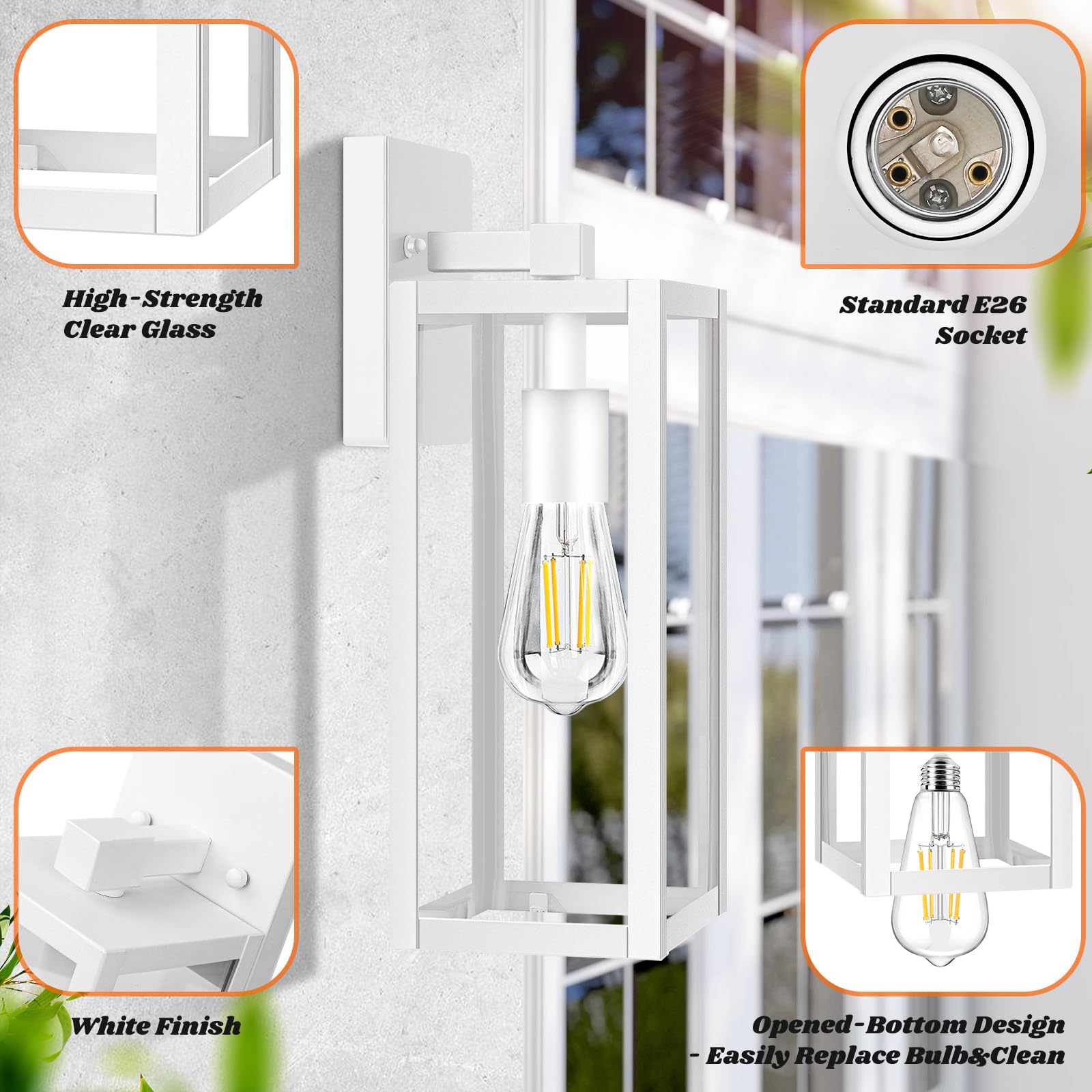 Brightever 2-Pack Outdoor Wall Light, Waterproof Exterior Lighting Fixtures, 15'' White Outdoor Sconce Lights With Clear Glass F