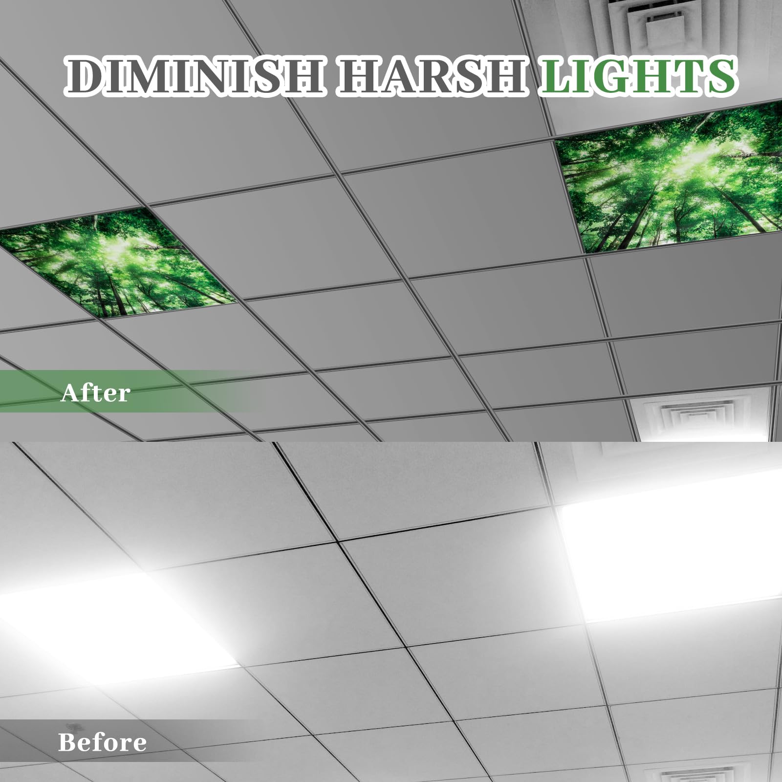 VIHOSE 4 Pcs Fluorescent Light Covers, 2x2 Feet, Forest Color, Magnetic Filters for Glare Reduction in Office/Classroom/Home