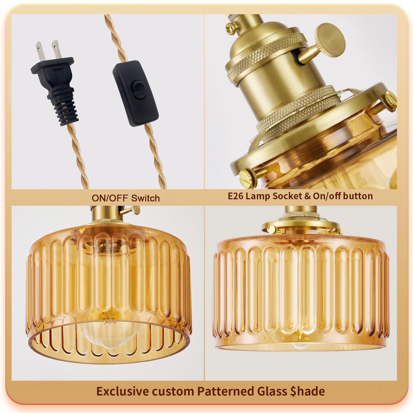 Beserwin Plug In Pendant Light  Hanging Lights With Plug In Cord  Hanging Light Fixture With Clear Glass  E26 Pendant Lighting For Kitchen Island  Bedroom  Dining Room- Amber Color