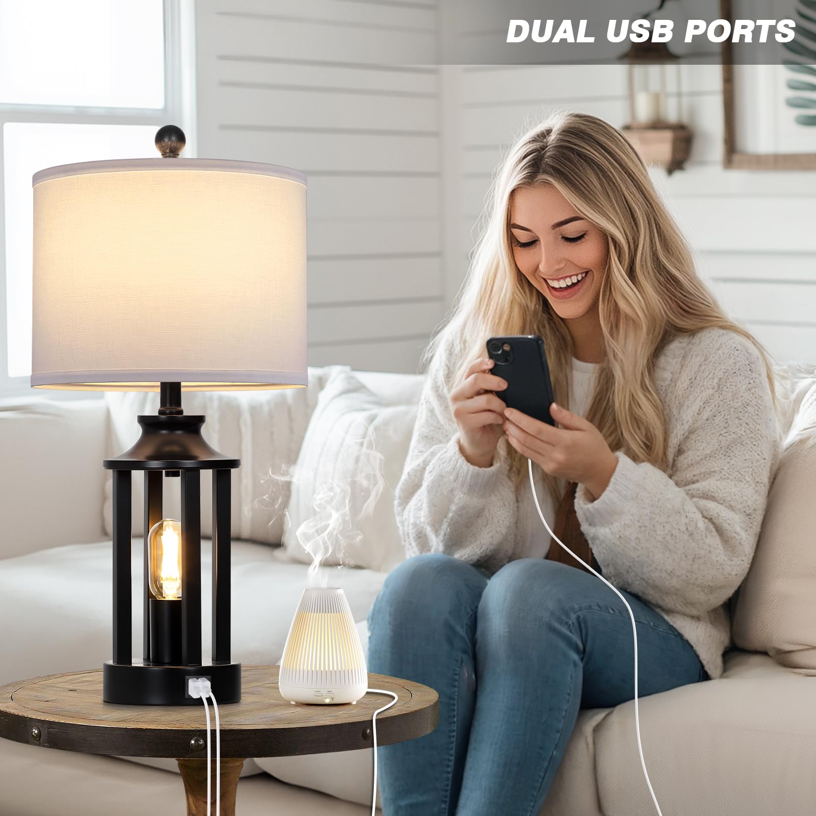 Ruzectt Black Living Room Lamps Set of 2, 3-Way Dimmable Touch Control, USB Ports, Large Rustic Bedside Lamp, Model TD-RZ-147