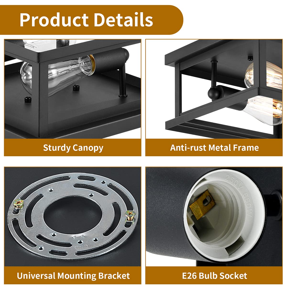 Drosbey 2-Light Flush Mount Ceiling Light Fixture, Iron, Black-A, Vintage Industrial Style for Kitchen, Bedroom, Hallway