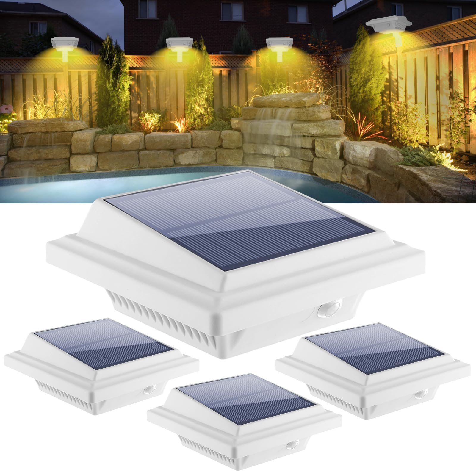 KEENZO Outdoor Solar Lights - 4pcs Gutter Lights, 25 Warm White LEDs, Waterproof, for Garden, Patio, Deck - White, Model 25GU-WCW