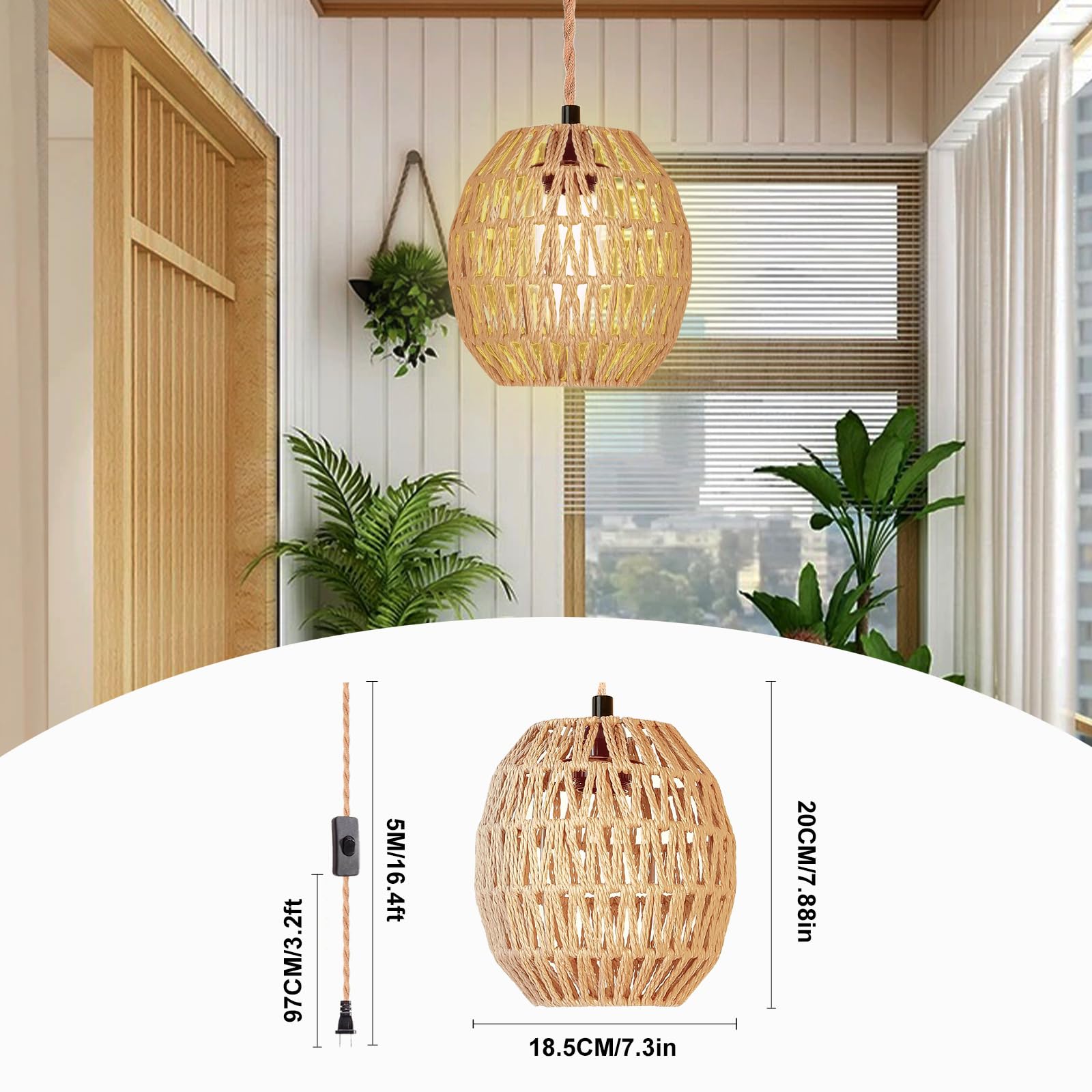 Maliralt Rattan Pendant Light, 7.3in Egg Shade, Plug-in with Cord and Switch, Brown, Model SL-TTDD-CA