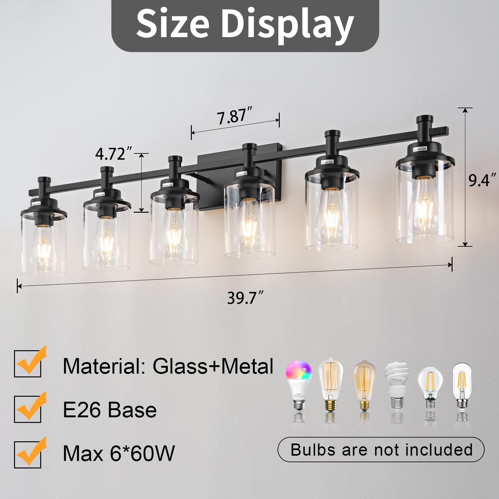 Aixialin Modern Black Bathroom Vanity Lighting Over Mirror,6 Lights Bathroom Vanity Lights With Clear Glass Shade, Metal Vanity
