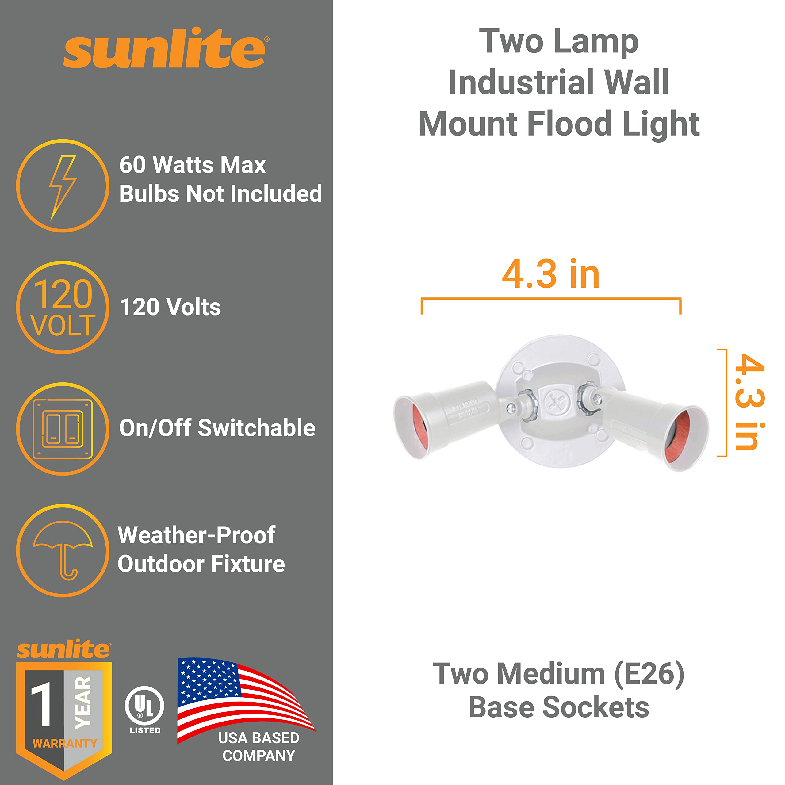 Sunlite Two Lamp Wall Mount Floodlight Fixture, 60W Max, 8.5-Inch, White, Model PL2H/WH, Outdoor, UL Listed