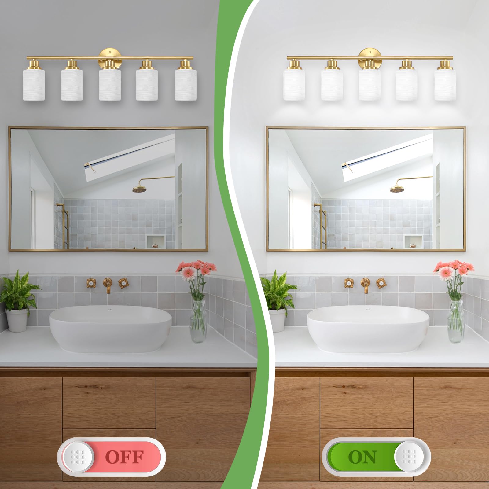 Guliaofo 5-Light Bathroom Light Fixtures, Brushed Gold Vanity Lights Wall Lamp With White Frosted Glass, Vanity Light Fixtures,