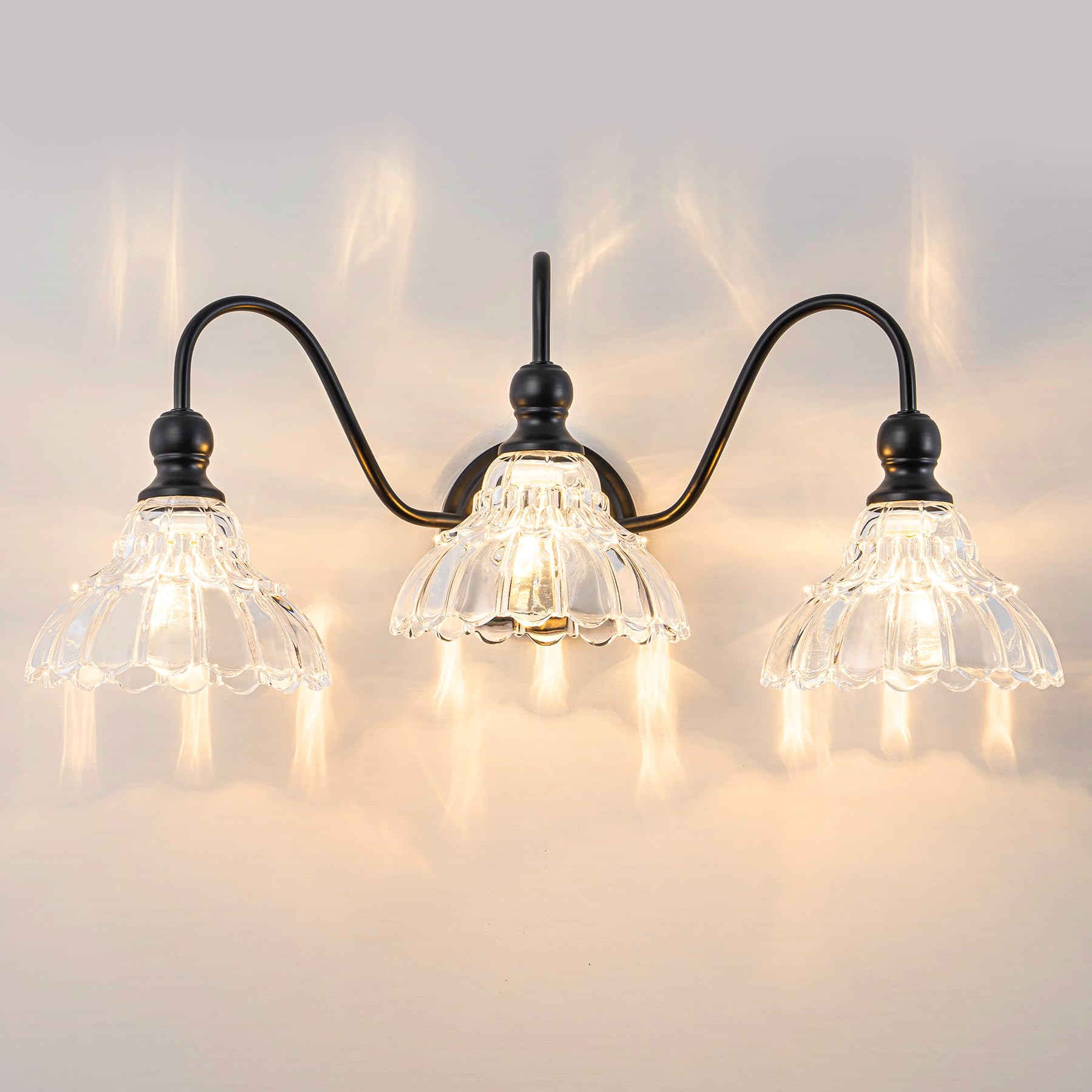 Brknit Vintage Bathroom Light Fixtures Over Mirror  3-Light Black Wall Sconce Lighting With Flower Glass Shade  Farmhouse Vanity Lights For Bedroom Kitchen Living Room Hallway Light
