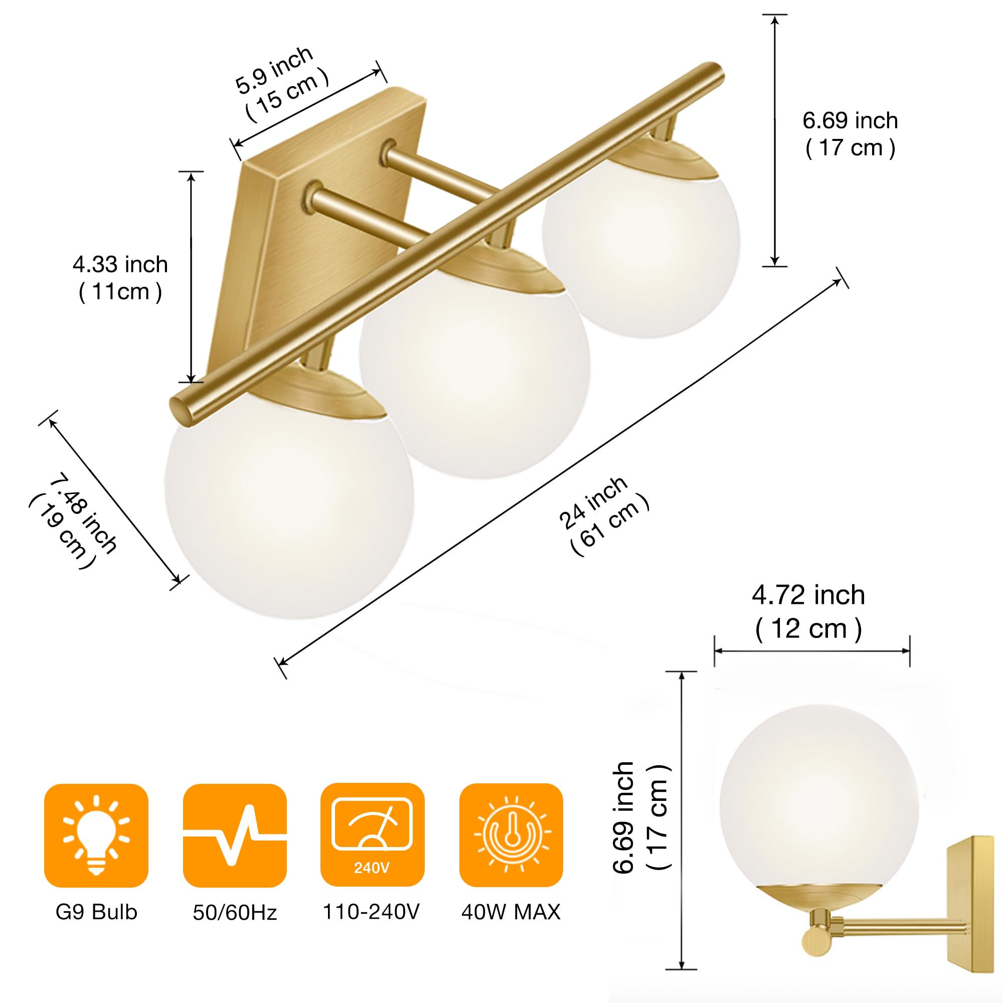 YHTlaeh New Bathroom Vanity Light Fixtures 3 Lights Brushed Brass Glass Shade Modern Wall Bar Sconce Over Mirror