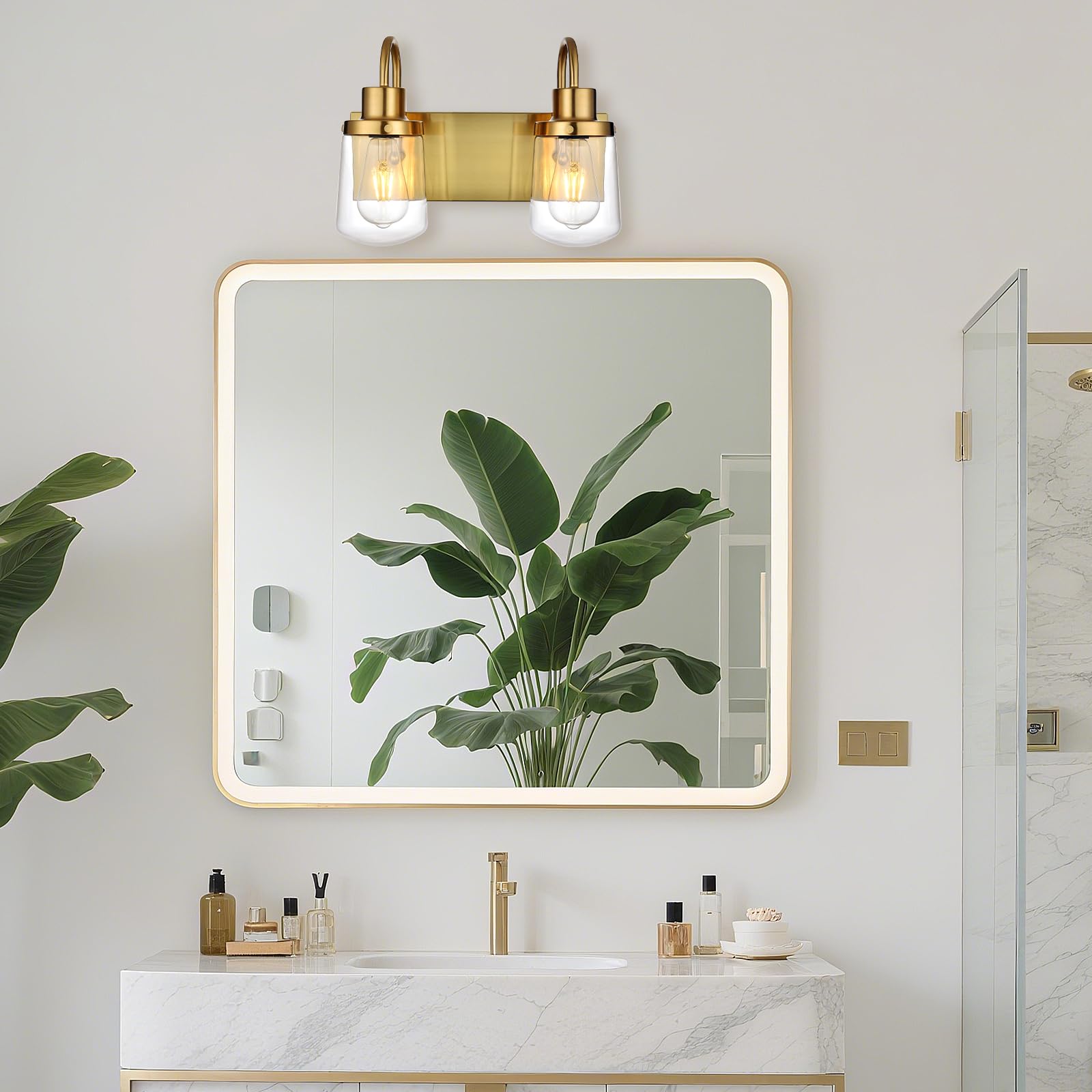 Yaohong 2-Light Vintage Gold Bathroom Light Fixtures, Industrial Wall Sconce with Clear Glass Shade, Model AT9064WL2-YB