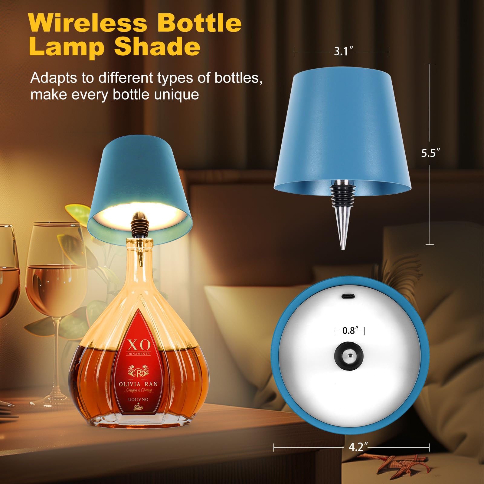 Soudfk Wireless Bottle Lamp, 2025 New 3 Color Rechargeable Wine Bottle Lights For Bars Restaurants (Blue, 1Pc)