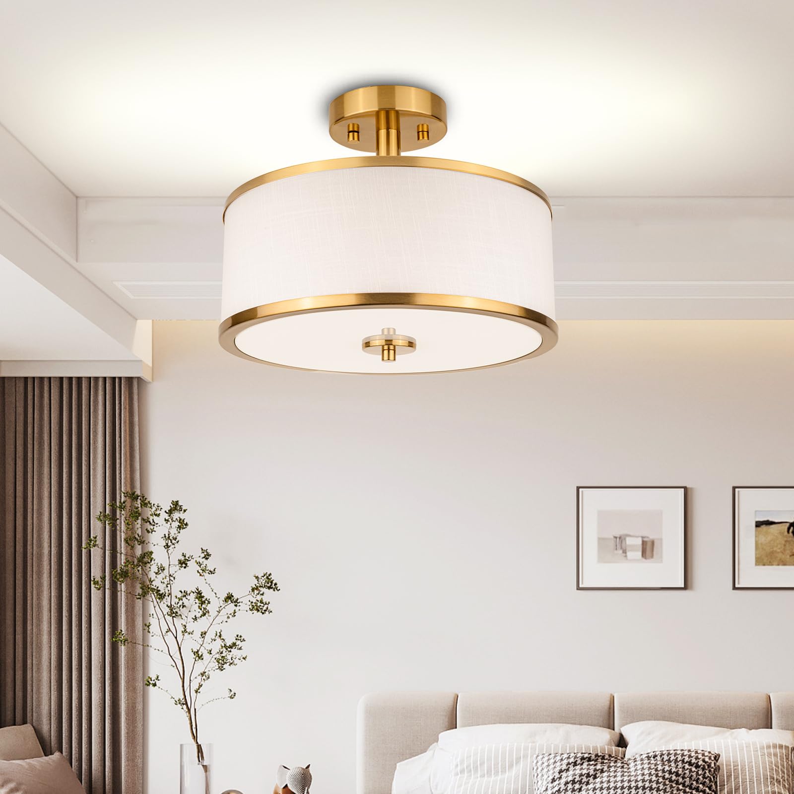 Edwarmlux 3-Light Semi Flush Mount Ceiling Light, 12.6" Brushed Gold & White Fabric Shade, Modern Fixture for Living Room & Kitchen - PL-LSF502D