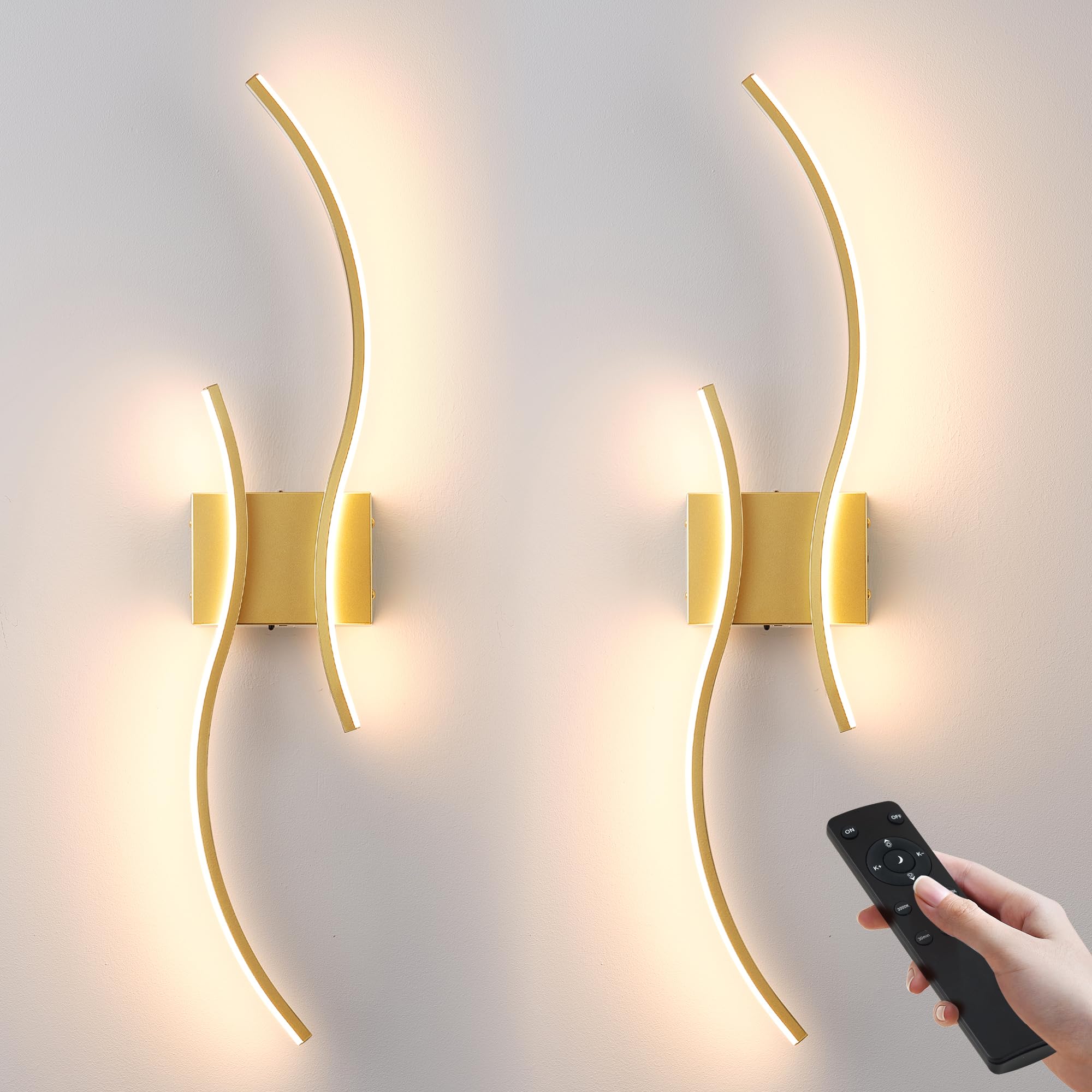 KARTOOSH Battery Operated Wall Sconces, Remote Control, LED Dimming, Gold, 27.5 Inch, 2 Pack, Model ZM319BGD70